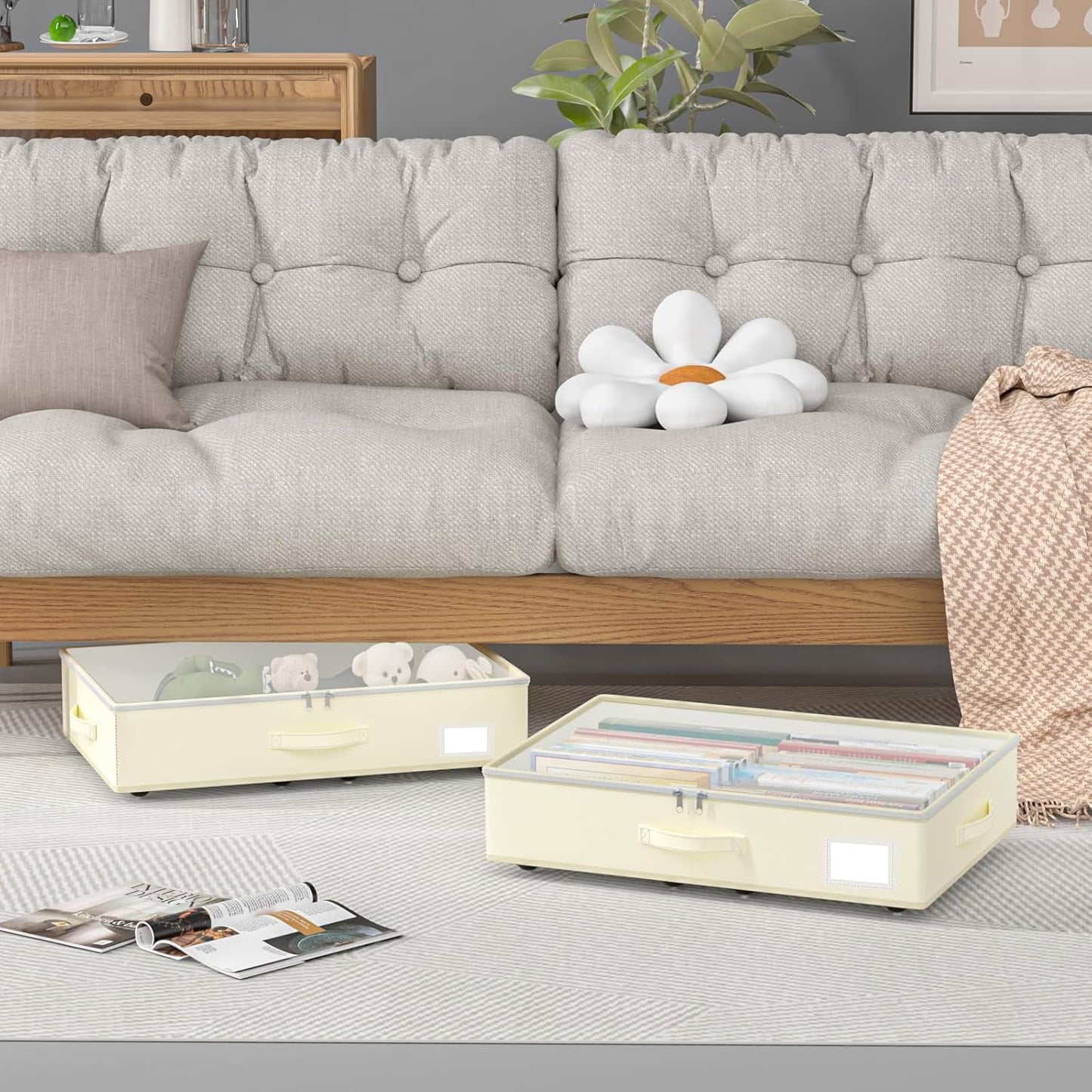 Under Bed Storage with Wheels, No Assemble Required 5.5 inches height beige under bed storage bins,Low Profile Rolling Under bed Shoe Storage containers,dorm under bed storage drawers