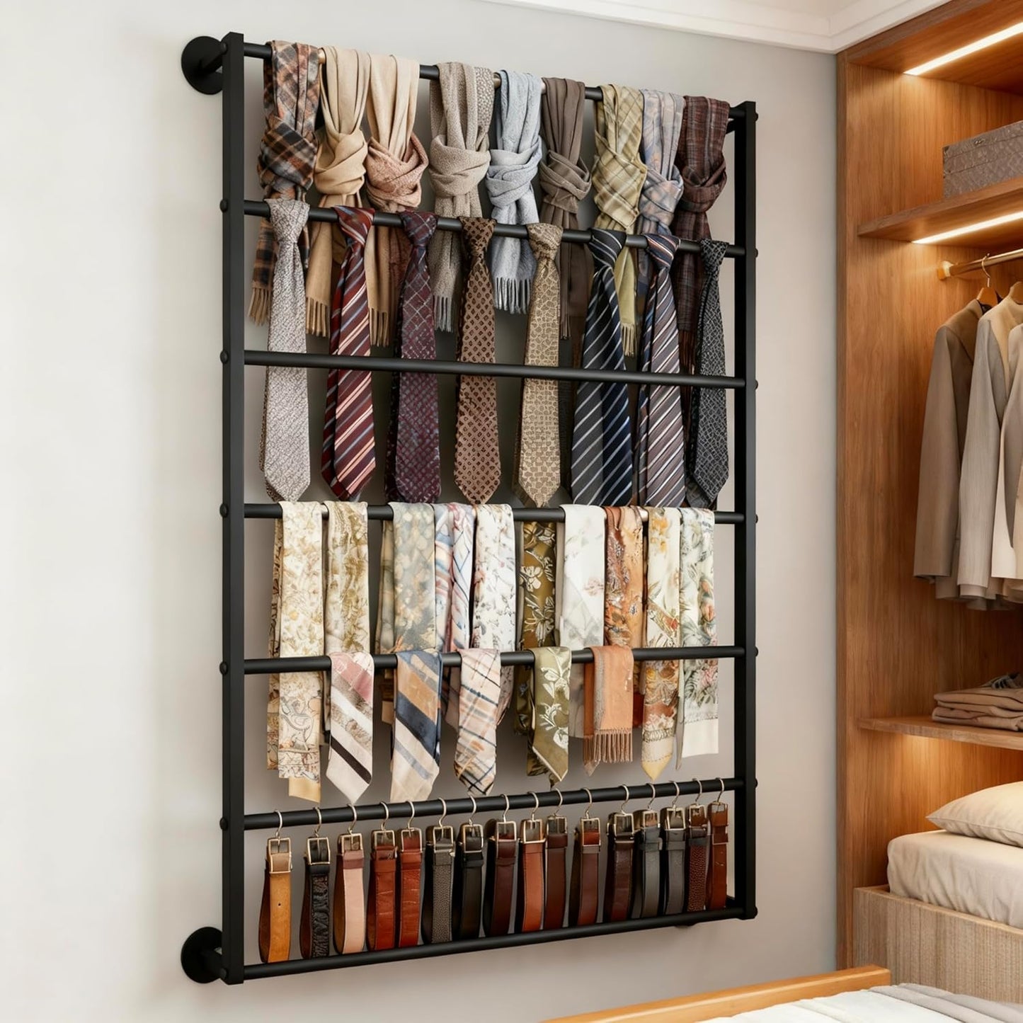 Wall Mounted Display Rack, 7-Layer Wrapping Paper Ribbon Organizer Scarves Tie & Scarf Rack Belts Towel Holder Necktie Hijab Stand Metal Shelving for Home, Retail Stores, Flower Shop