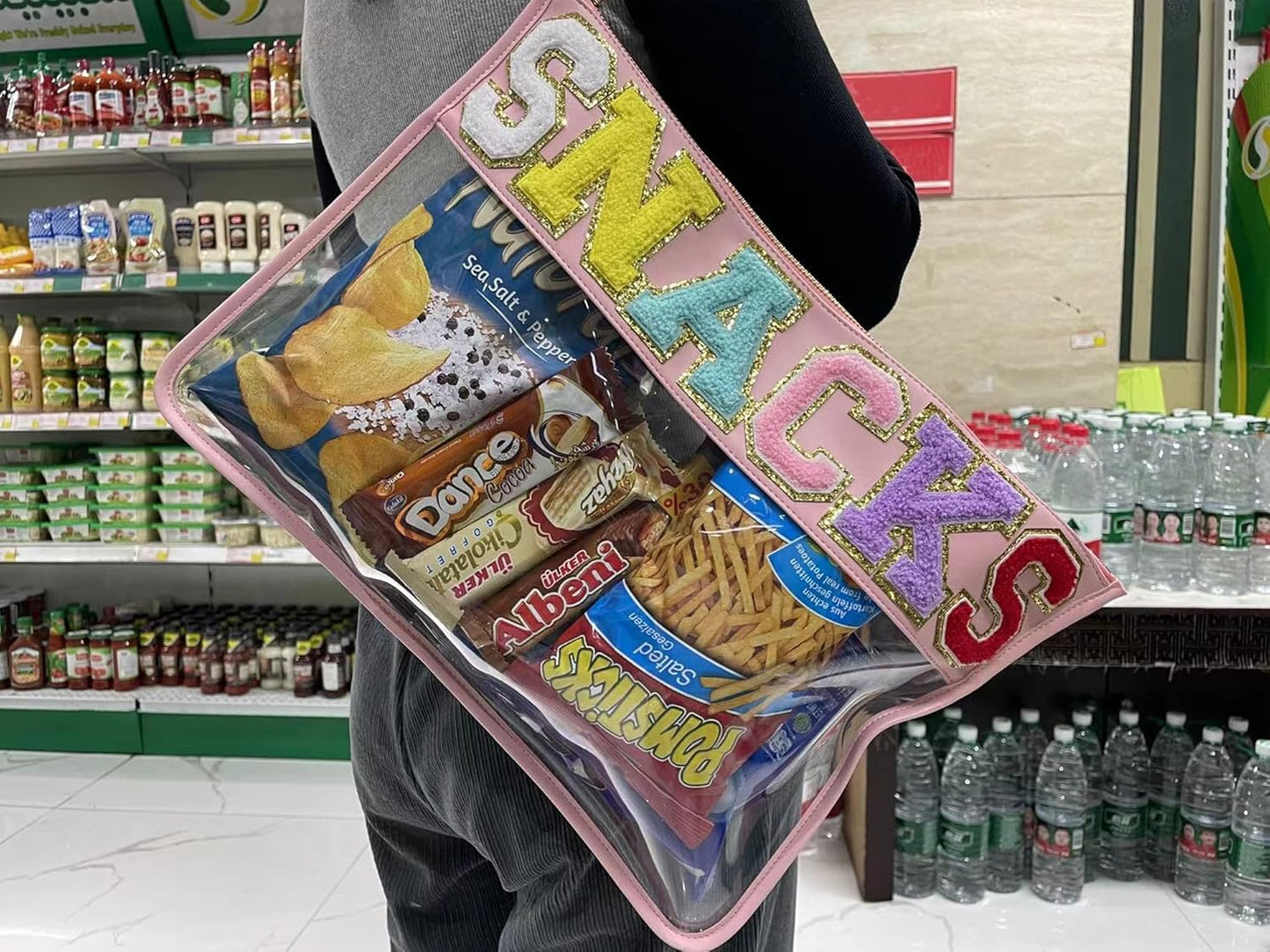 TopTTanBo Chenille Letter Clear Bag Purse Multi-purpose Transparent Waterproof Snacks Makeup Tote Bag with Wrist Strap