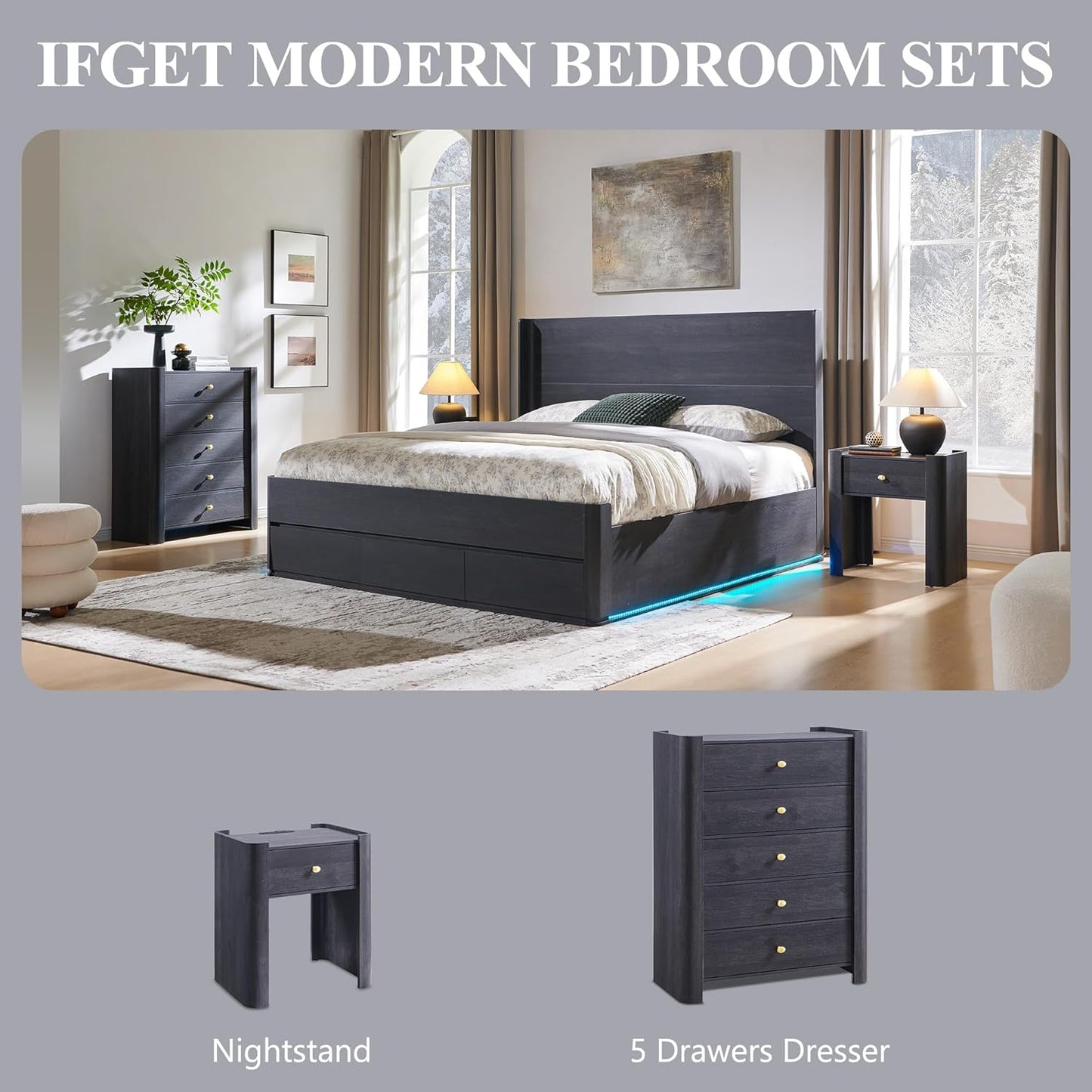 23.6" Tall Modern Nightstand with Charging Station, 22" Wide Curved Bedside Table with 1 Storage Drawer, Wooden Night Stand, Large End Table for Bedroom, Living Room, Dark Grey