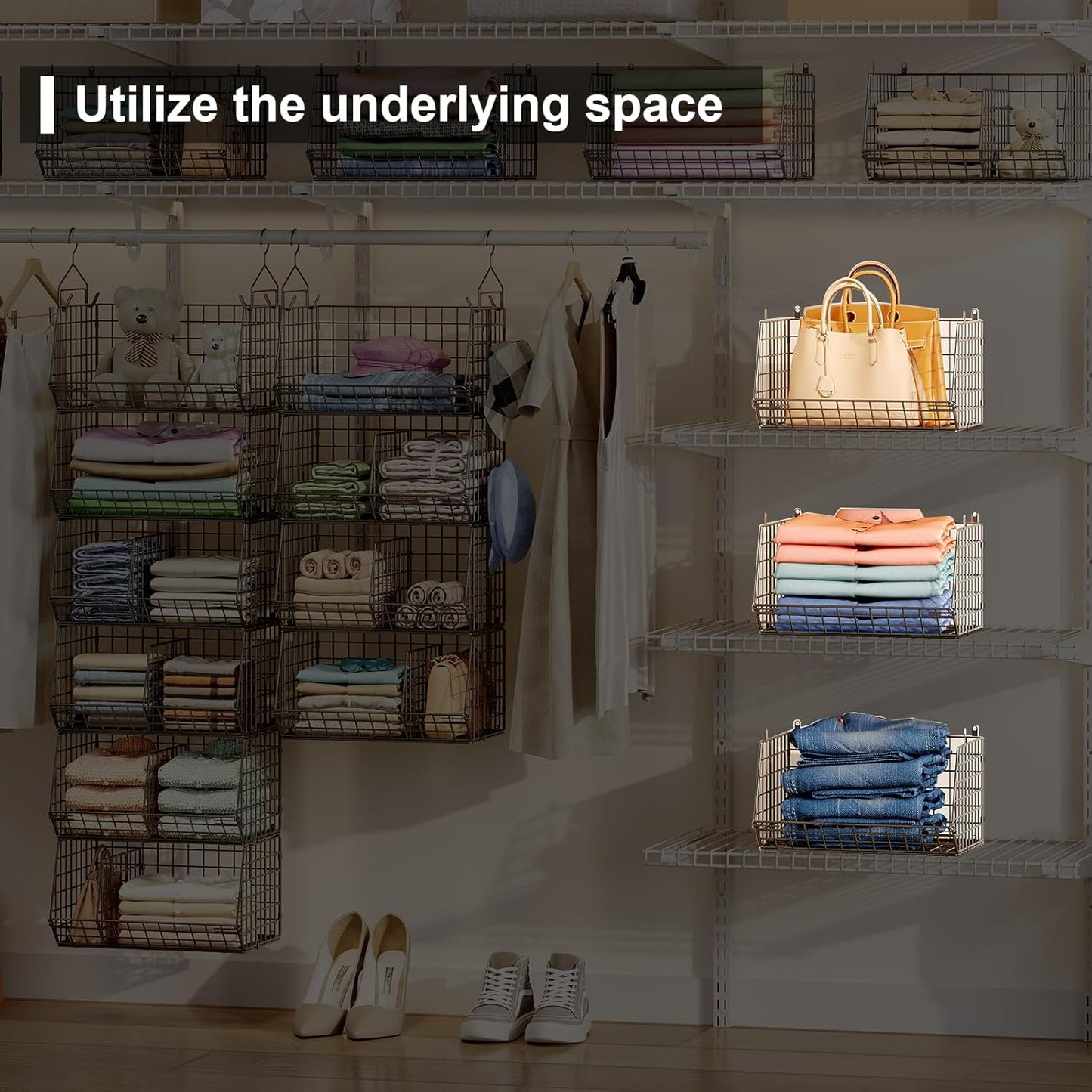 6 Tier Extra Large Hanging Storage Organizer,Hanging Closet Shelves with Dividers,Closet Organizer Wire Shelf with 5 S Hooks,Bedroom,Laundry Storag-Black