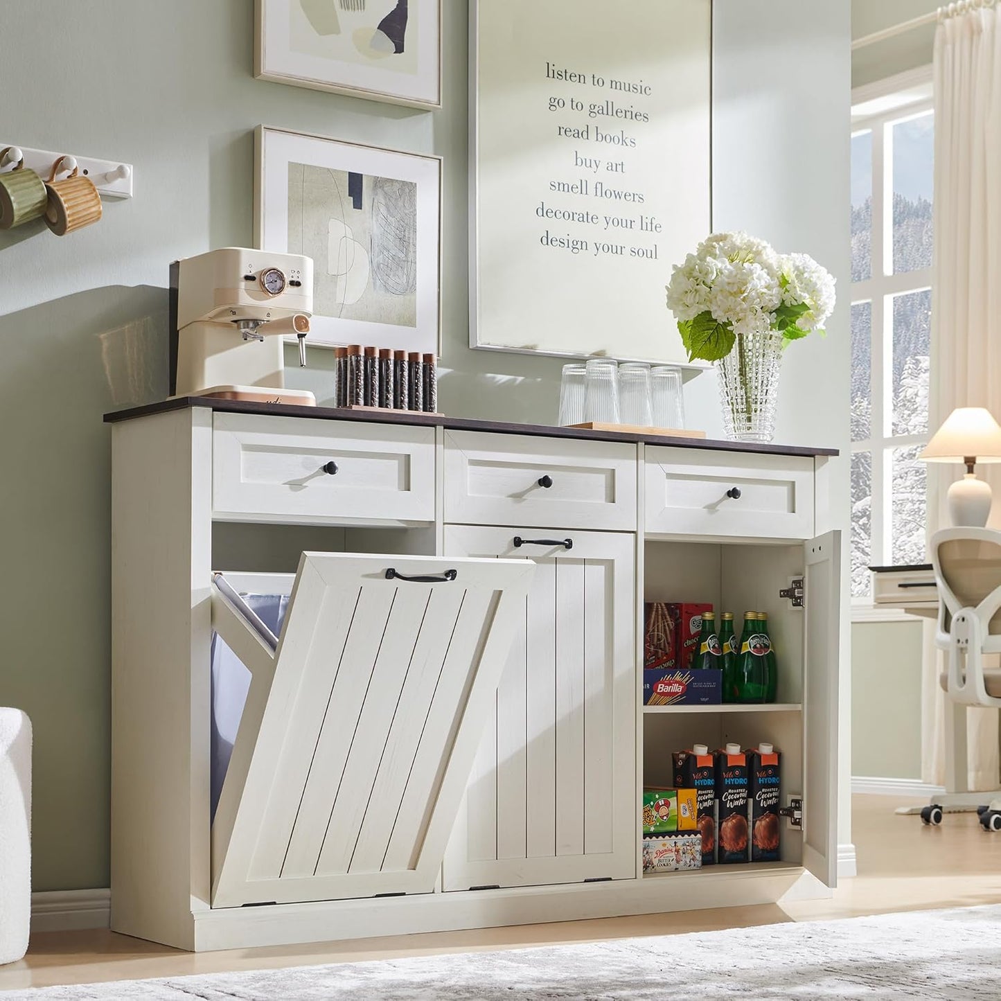 Triple Tilt Out Trash Can Cabinet, 20 Gallon Farmhouse Laundry Hamper Cabinet w/3 Drawers & Adjustable Shelf, Hidden Wooden Trash Can Cabinets with Storage Basket for Kitchen (Antique White)