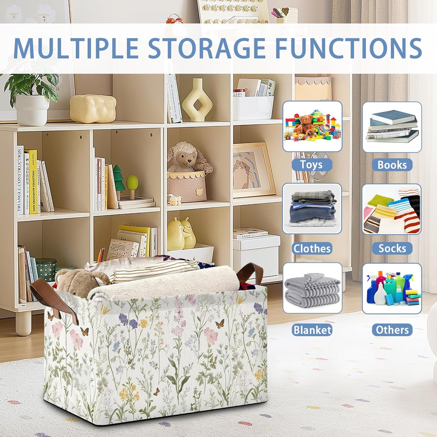 Wildflowers Butterfly Storage Baskets,Plants Botanical Foldable Large Capacity Organizer Bins with Waterproof Lining and Leather Handles for Closet,Shelf,Bedroom 17x11.5x10Inch
