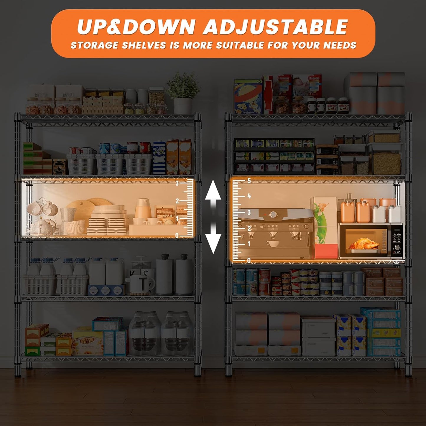REIBII 5 Tier Metal Shelving Storage Shelves,71''H Adjustable Garage Shelving Unit and Storage,Wire Shelves Pantry Shelves for Kitchen Restaurant Warehouse Office,71H X 35.5W X 14D,Chrome