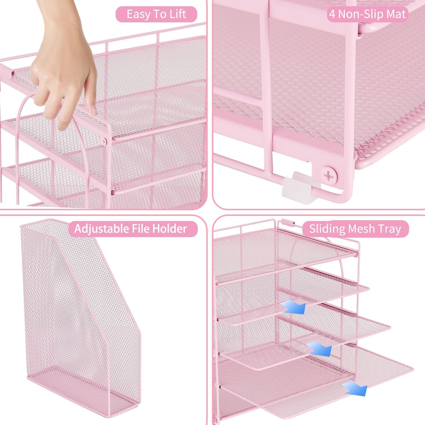 AUPSEN Pink Desk Organizers and Accessories,5-Tier Desktop Paper File Organizer with Adjustable File Holder, Office Desk Accessories for Office Supplies