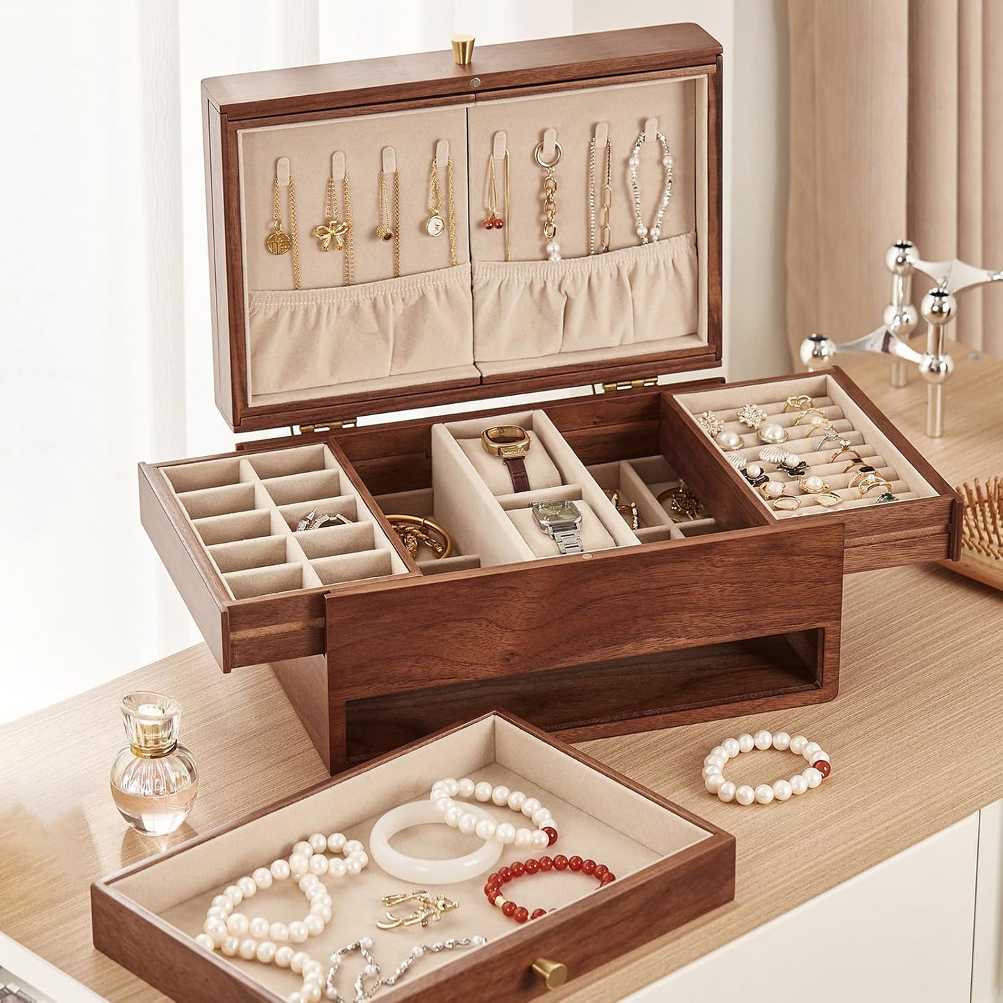 Wooden Jewelry Box for Women, 3 Level Multi-functional Drawers Black Walnut Jewelry Organizer Box, Watch, Necklace, Ring, Earring Storage Gifts(With Mirror B)
