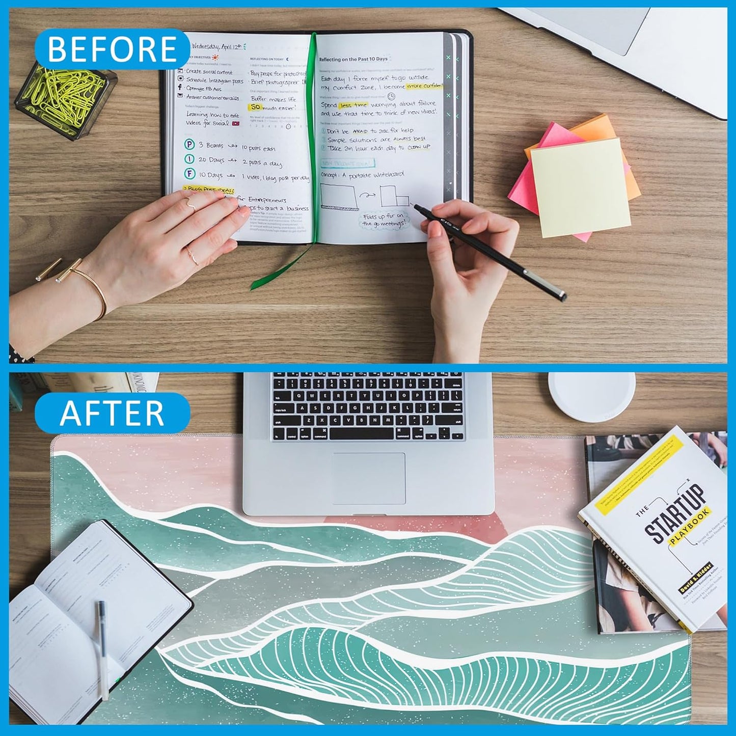 Ocean Wave and Mountain Large Gaming Mouse Pad,Waterproof Desk Mat for Desktop,Non-Slip Rubber Base Mousepad with Stitched Edges for Laptop Office and Home 35.4X15.7 Inch