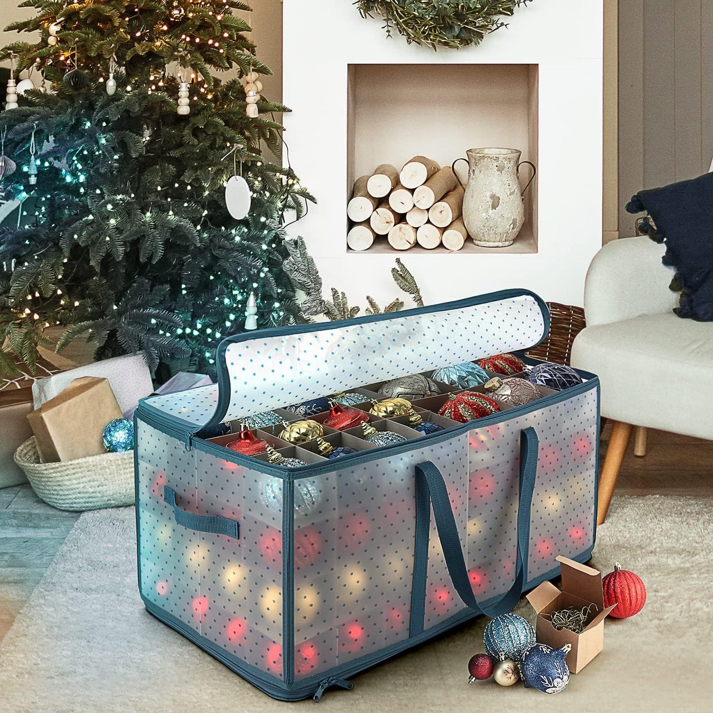 Large Christmas Ornament Storage Box With Adjustable Dividers - Plastic Ornament Storage Container For 128 Holiday Ornaments or Decorations - By Hearth & Harbor