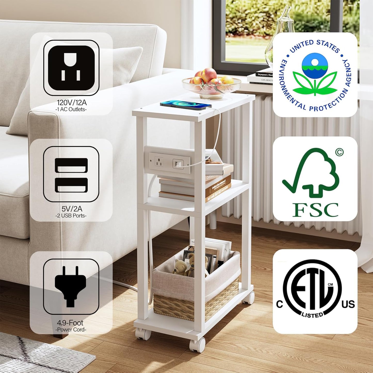TUTOTAK Small Narrow Side Table with Charging Station, Set of 2 Skinny End Table for Small Spaces, Slim Nightstand with USB Ports and Outlet,Sofa Beside Table with Wheels, White TB01BW047