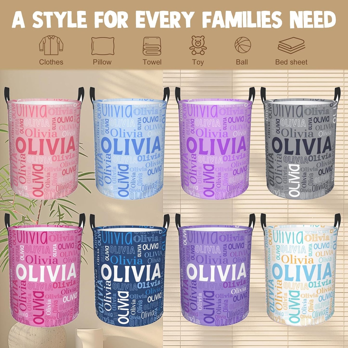 Custom Name Laundry Hamper, Personalized Laundry Basket with Name for Boys Girls Kids Men Women, Customized Name Dirty Clothes Basket Gifts for Clothes Toy Bathroom Bedroom Laundry Room Dorm