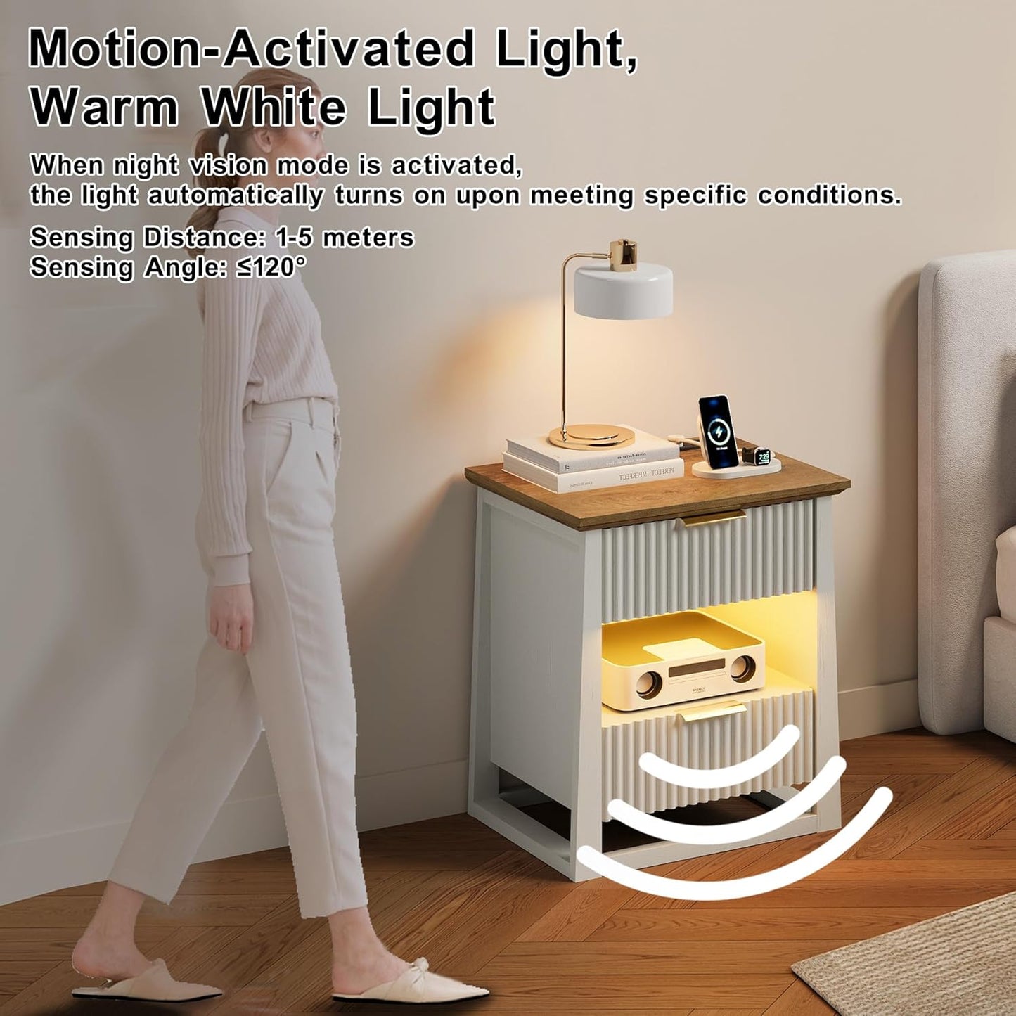 HIFYOBRO Fluted Nightstands Set of 2 with Charging Station & Motion Sensor Light, Modern Bedside Tables with 2 Drawers and Storage Shelf for Bedroom, White