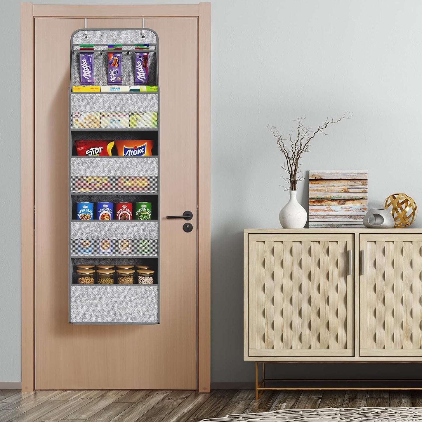 Univivi 5-Shelf Door Storage Over Door Hanging Organizer with 4 Large Pockets and 3 Small PVC Pockets Nursery Closet Cabinet Wall Mount Hanging Storage Organizers for Baby Nursery (Grey Pattern)