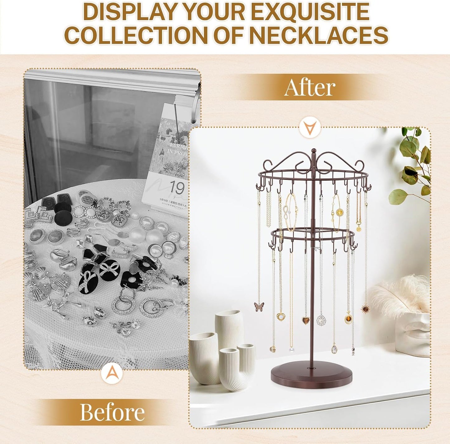 iDavosic.ly 2 Tier Rotating Necklace Holder Organizer with 42 Hooks, Adjustable Metal Bracelet Display Stand Rack, Extra Tall Keychain Spinning Tree Tower for Women, Espresso Brown