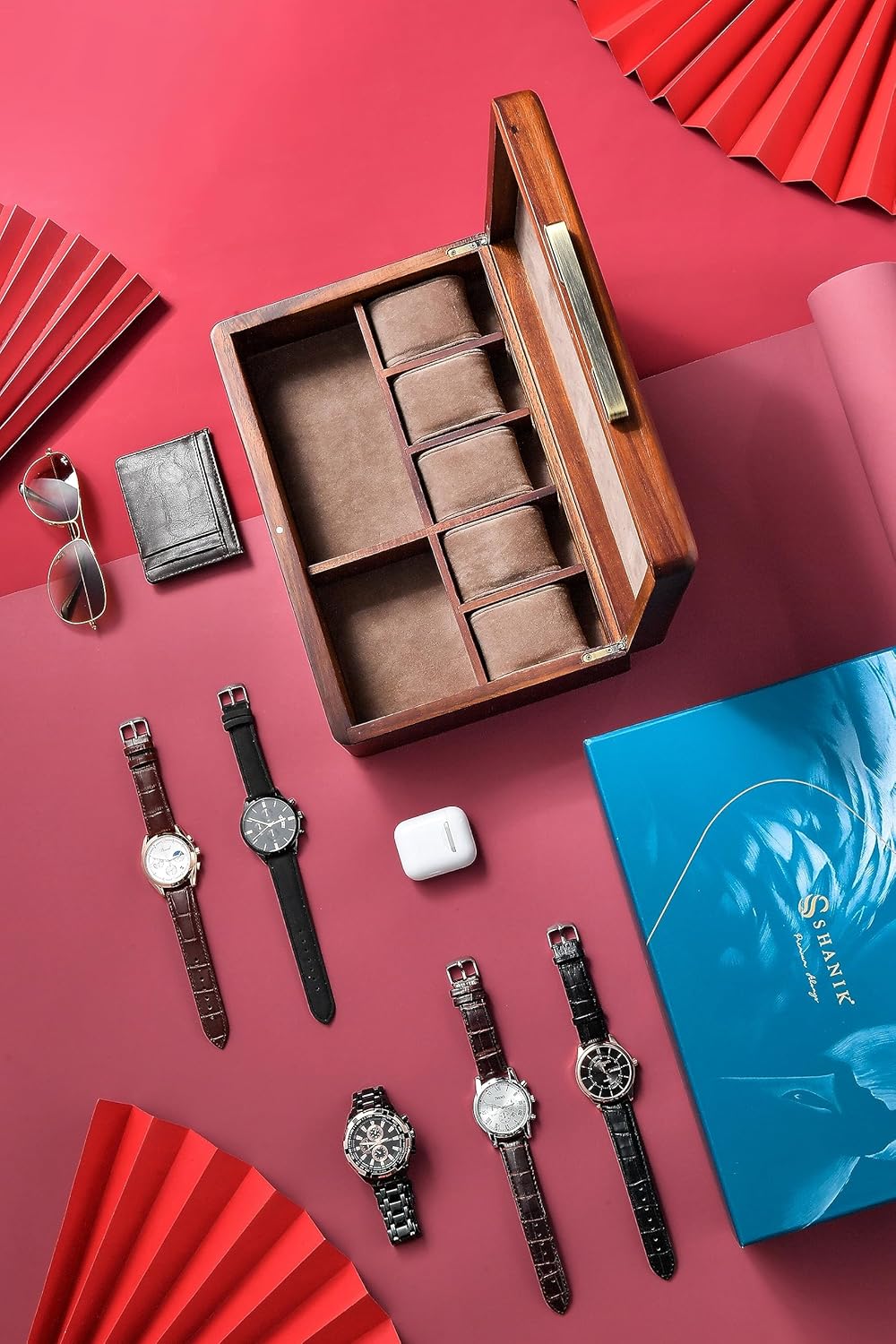 Shanik Wooden Large Watch Box for Men - Personalized Storage with 5 Slots for Watches - Organizer Box for Personal Stuff with Print Design