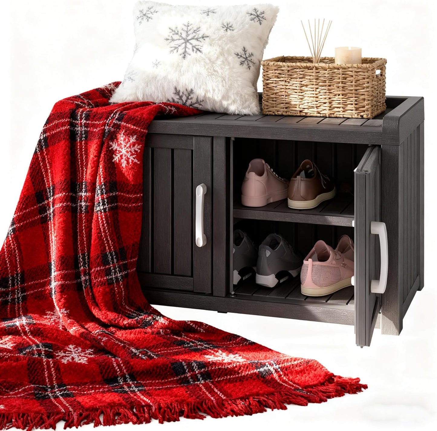 KAMABOKO Outdoor Shoe Storage Cabinet, Waterproof UV-Resistant Entryway Storage Bench Indoor Outdoor with 2 Barn Doors, Adjustable Shelves for Entryway, Bedroom, Hallway,Living Room(Jet Black)
