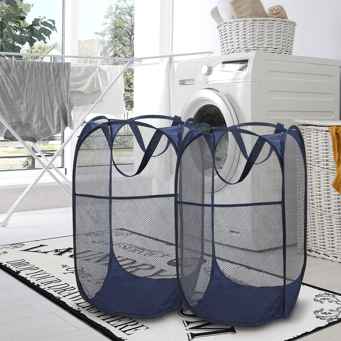BATTOO Deluxe Strong Mesh Pop up Laundry Hamper Basket with Side Pocket Foldable Hamper for Laundry Room, Bathroom, Kids Room, College Dorm or Travel Navy + Navy