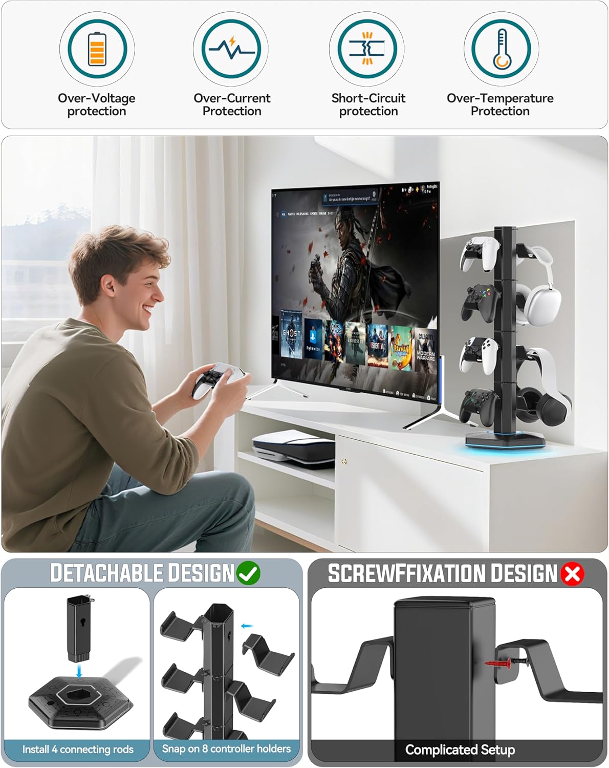 Kytok Headset And Controller RGB Stand for Xbox/ PS5/ PS4 Controller, Headphone & Remote Holder for Desk with 9 RGB Lights & 2 USB 3.0 Ports, Gaming Organizers & Storage Accessories for Gaming Gift