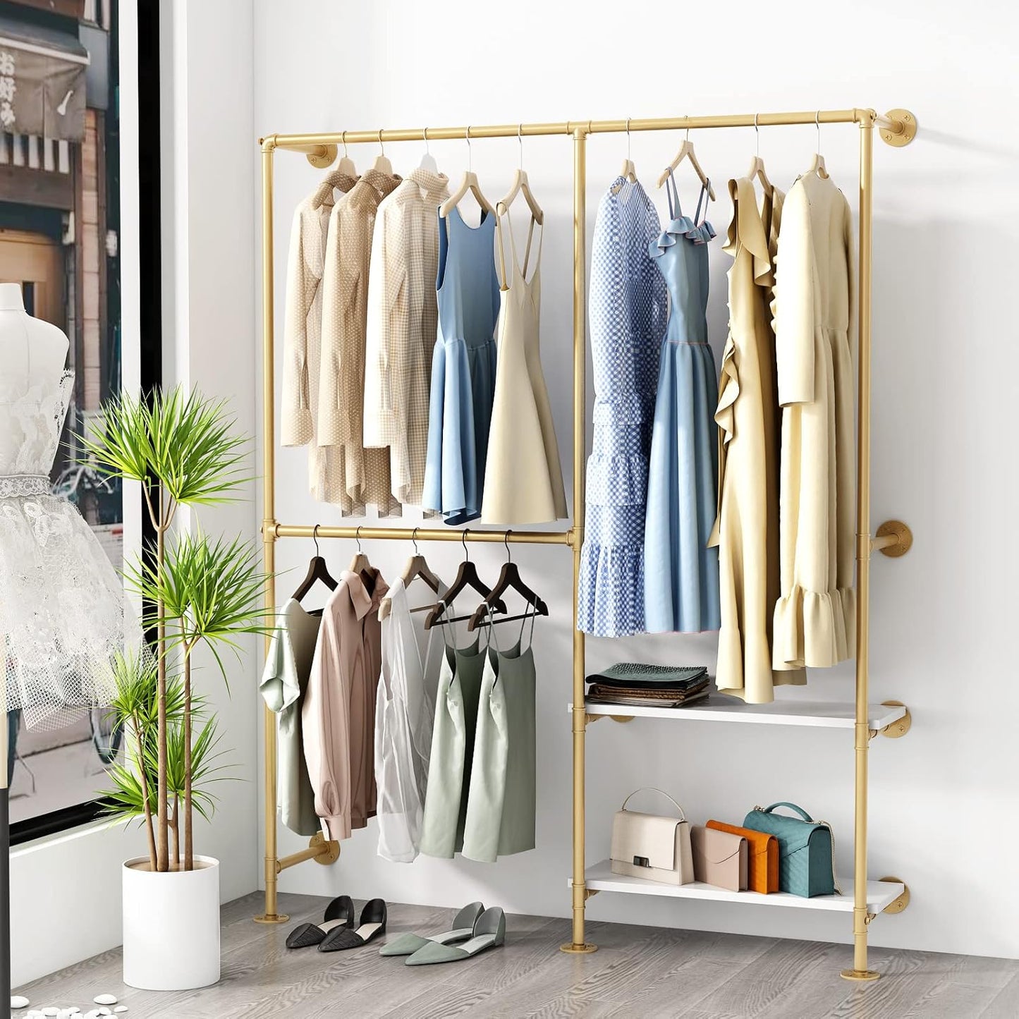 Gold Pipe Clothes Racks with White Shelves, Industrial Pipe Gold Clothing Rack with Double Hanging Rods, Heavy Duty Wall Mounted Clothing Rack Rod for Closet Storage, Bedroom