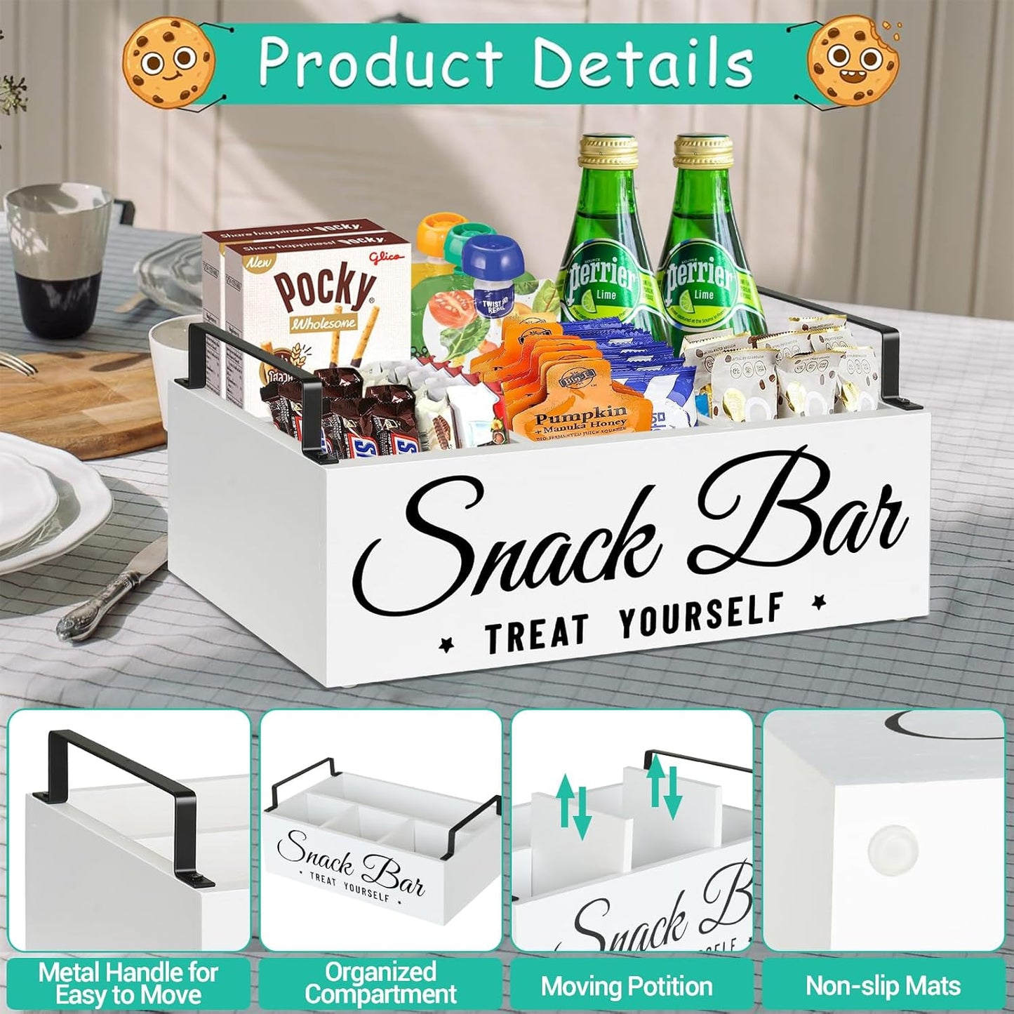 Snack Organizer for Countertop, Wood Pantry Storage Bins with Handles, Snack Bar Organizer for Pantry Shelf, Kitchen, 4 Compartment Food Container Snack Box, Pantry Organizer for Snacks, Chips(White)