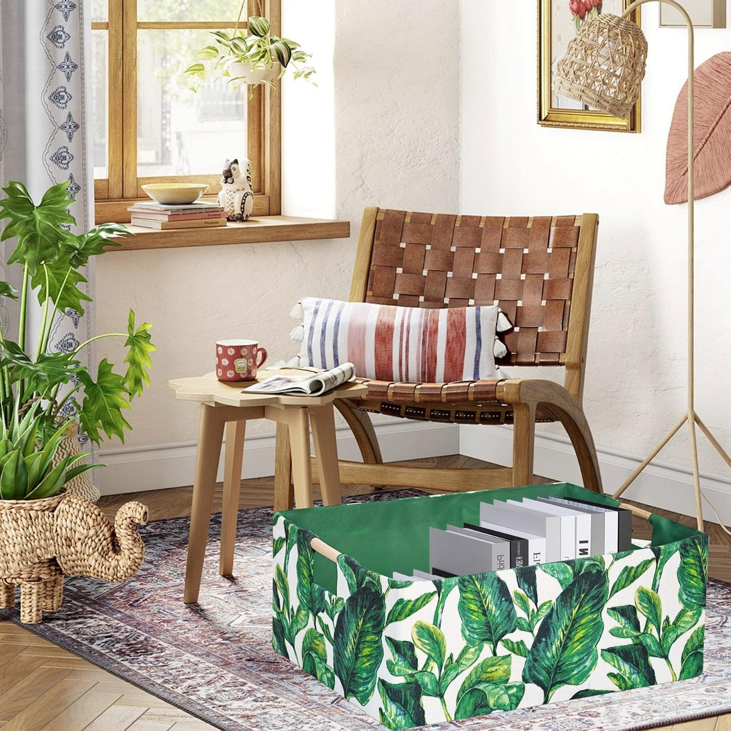 Storage Bin for Shelves Rectangle Closet Baskets Foldable Box with Handles Green Leaves Shelf Baskets Toy Boxes for Home Office Car Dormroom
