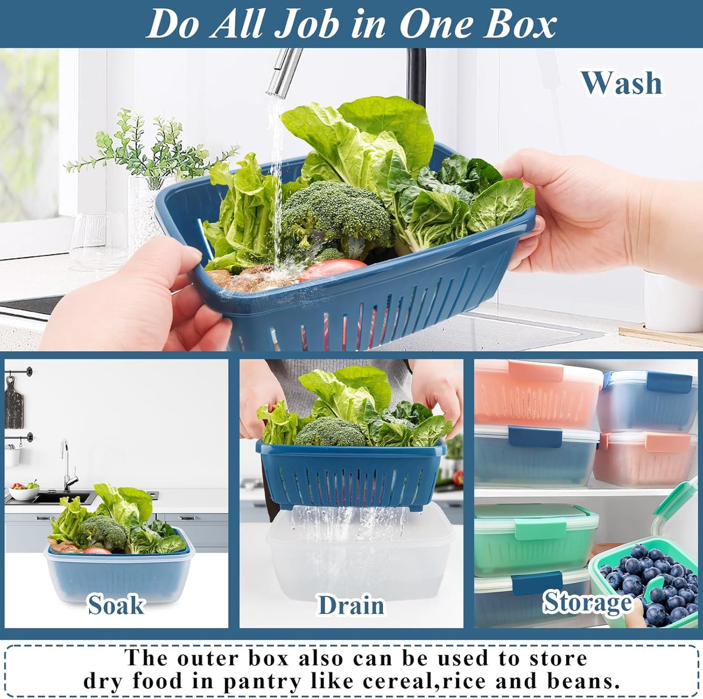 68oz Berry Keeper Fruit Storage Container for Fridge, Fresh Food Produce Saver Containers with Removable Drain Colander, Vegetable Lettuce Keeper Bowl Refrigerator Organizer, PRESS TO OPEN CLOSE LID
