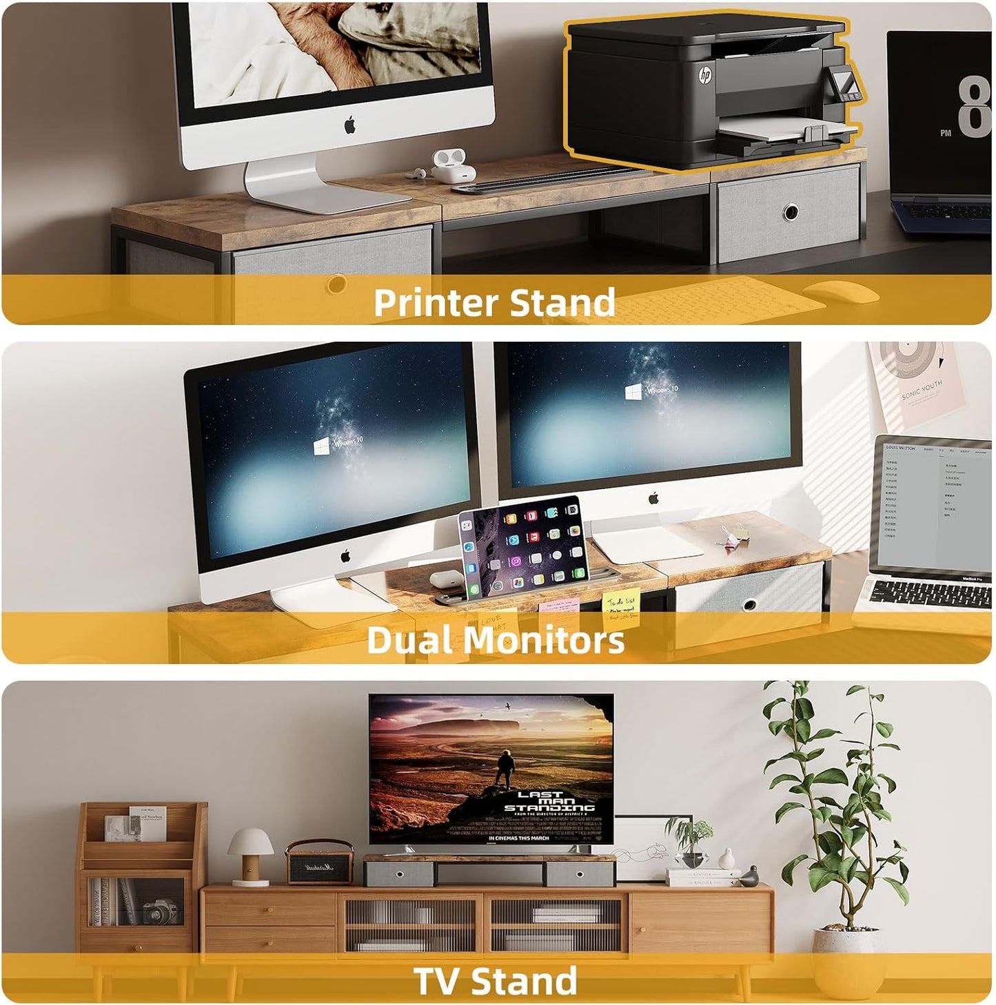 Dual Monitor Stand Riser with 2 Drawers - 39Inch Large Storage Computer Monitor Stands for 2 Monitors, Wooden Desktop Organizer Perfect for Home Office Desk, Computer, Laptop, TV, Rustic Brown