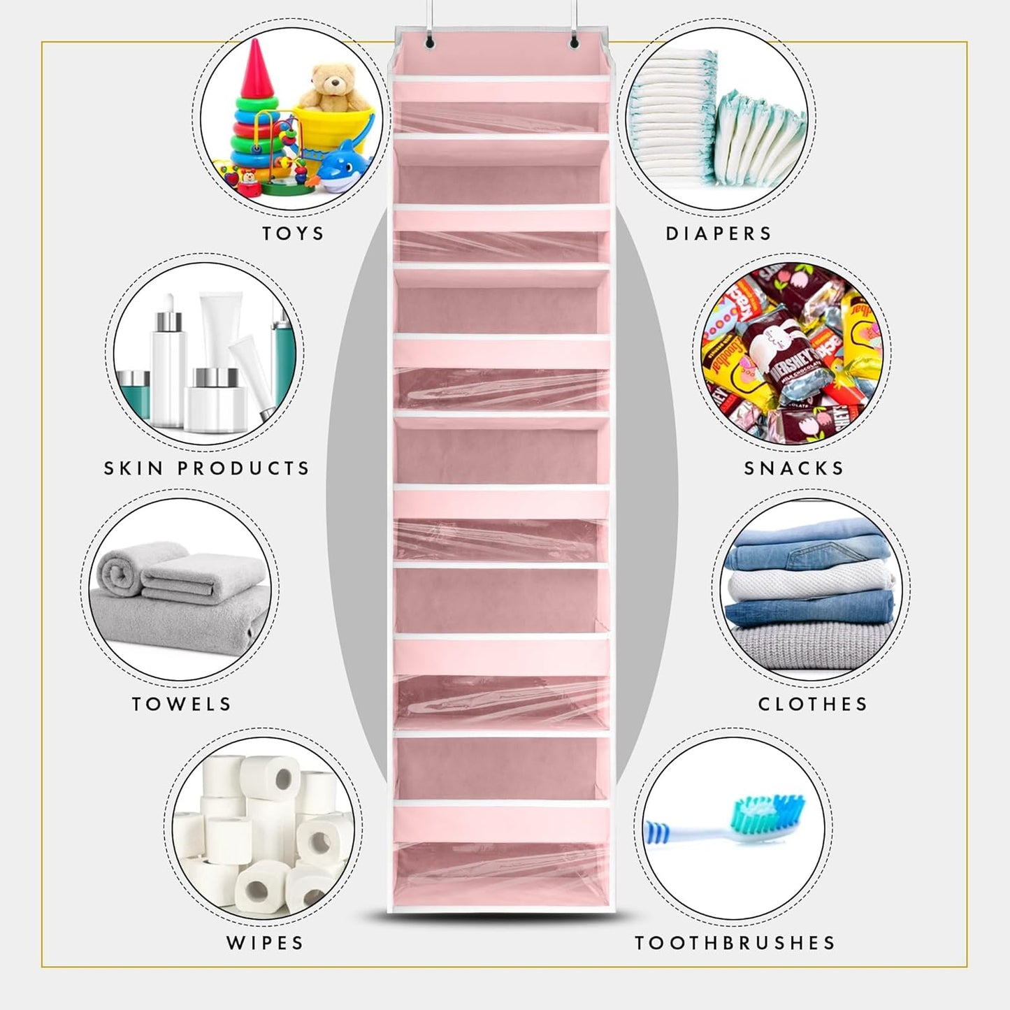 HOMELUX THEORY Over The Door Organizer Hanging - 50lbs Load 6 Large Front & 12 Side Pockets, 1 Pack Over The Door Shoe Organizer, Hanging Closet Organizer For Toys, Diaper, Purse, Sewing (Baby Pink)