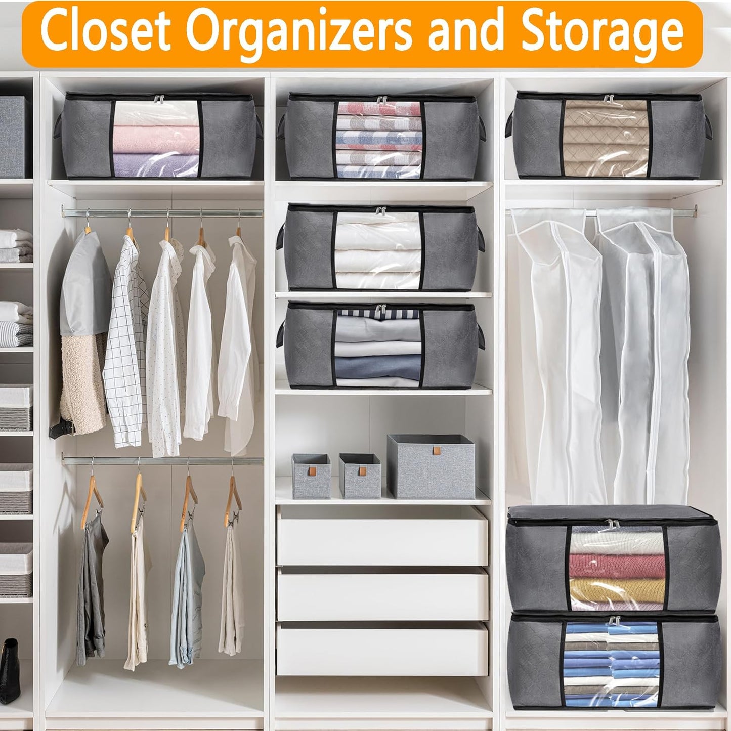 8 Pack Clothes Storage Bags with Zipper, 45L Foldable Blanket Storage Bag with Clear Window Sturdy Handles for Closet, Dorm, Pillows, Bedding, Sheet, Comforter, Gray