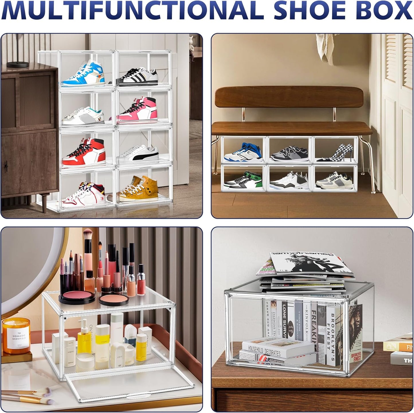 12 Pack Acrylic Shoe Boxes, Size 12 Clear Plastic Stackable Shoe Storage Boxes with Magnetic Lid Acrylic Display Case Sneaker Containers Underbed Closet Make-Up Storage Box