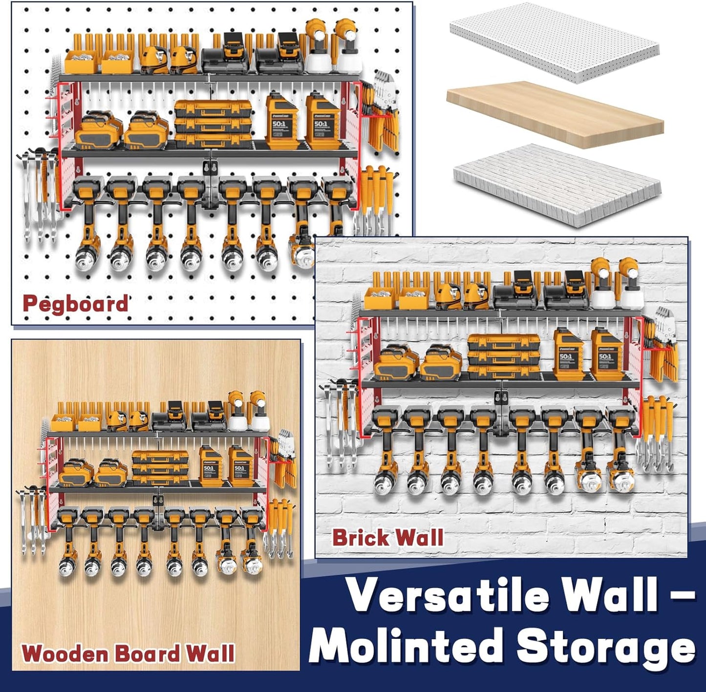 Power Tool Organizer Wall Mount, 300Lbs Load 3 Layer Heavy Duty Metal Tool Shelf with 8 Drill Holders, Garage Workshop Storage for Cordless Tools Batteries Screwdrivers(Red)