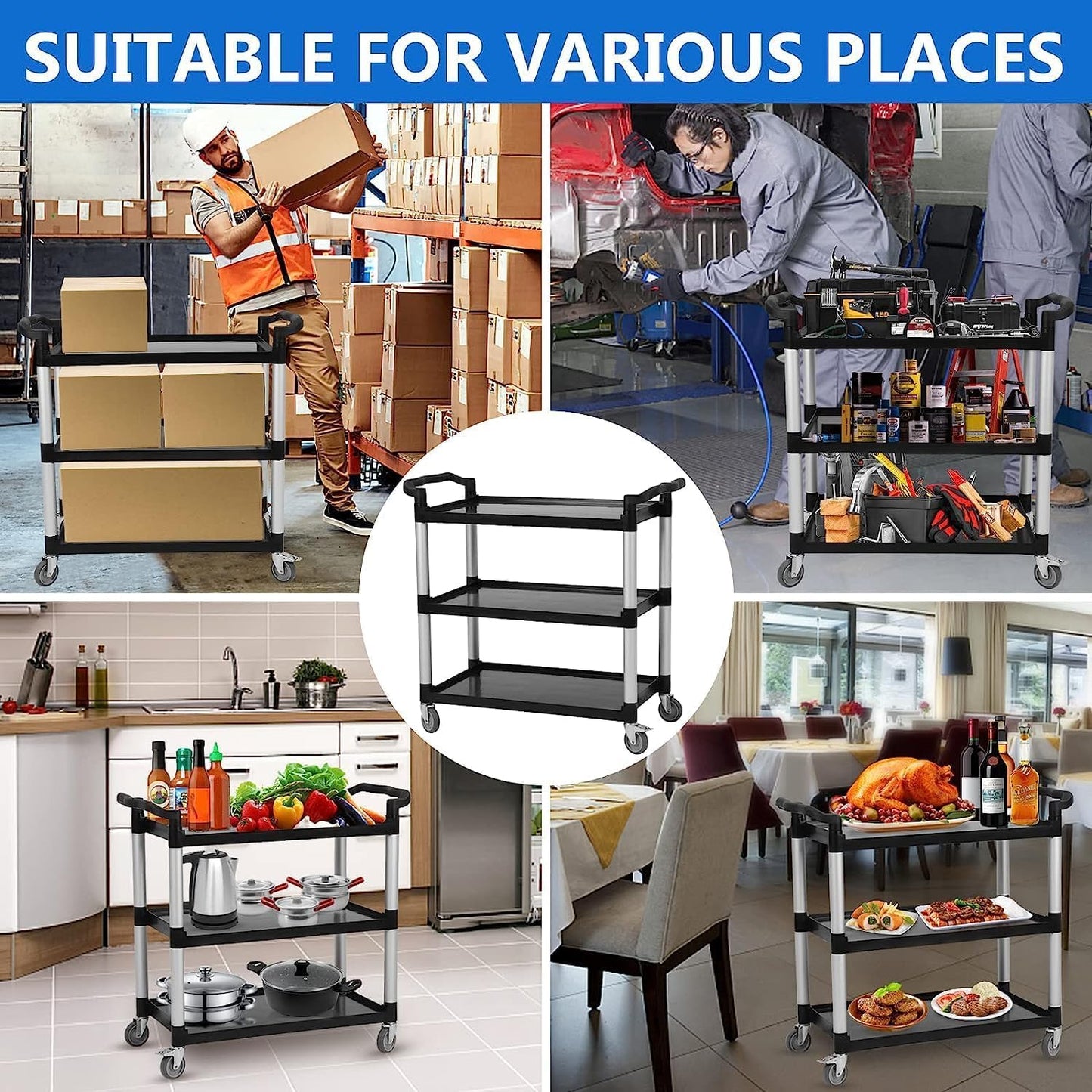 3-Shelf Service Cart,42" Wx20 Dx39 H,360 Lbs Heavy Duty Utility Cart ,Rolling Cart with Lockable 360° Swivel Wheels for Foodservice, Restaurant & Cleaning,Black