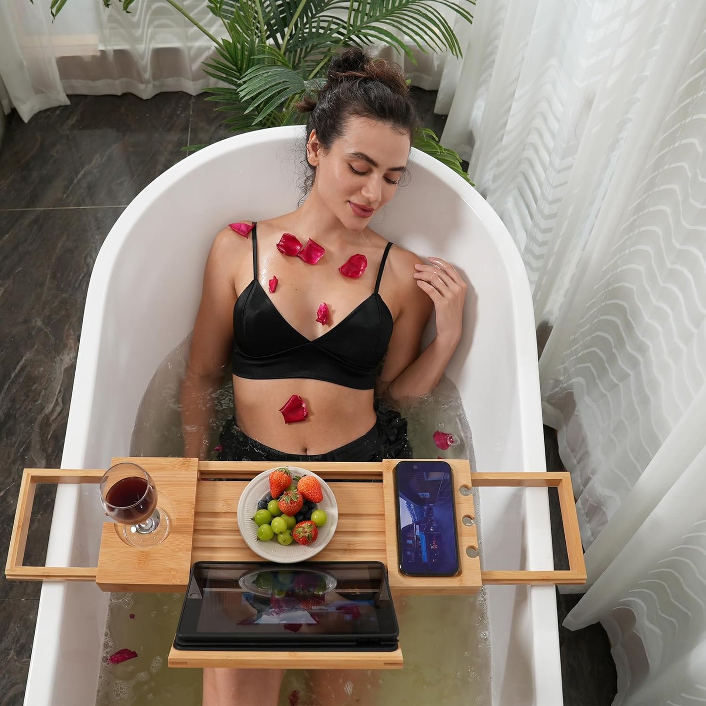 Utoplike Bamboo Bathtub Caddy Tray Bath Tray for Tub, Adjustable Bathroom Bathtub Organizer with Book Tablet Wine Glass Cup Towel Holder