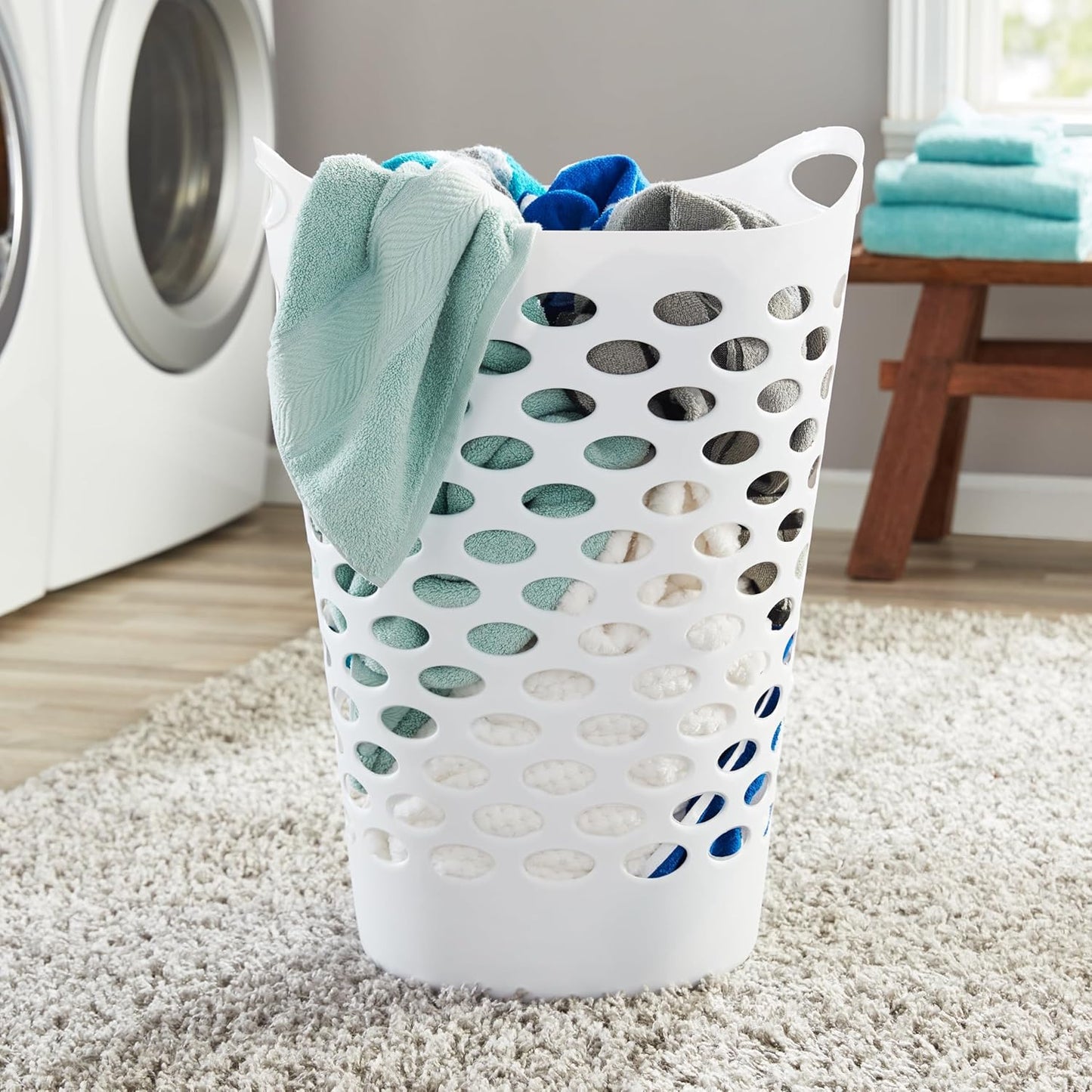 2.2 BUSHEL Flexible Laundry Basket,Tall plastic hamper for Clothes, Bedroom, and Storage - Portable Round Bin with Carry Handles 17.75" x 17.25" x 26", White,Black,3 pack (White)