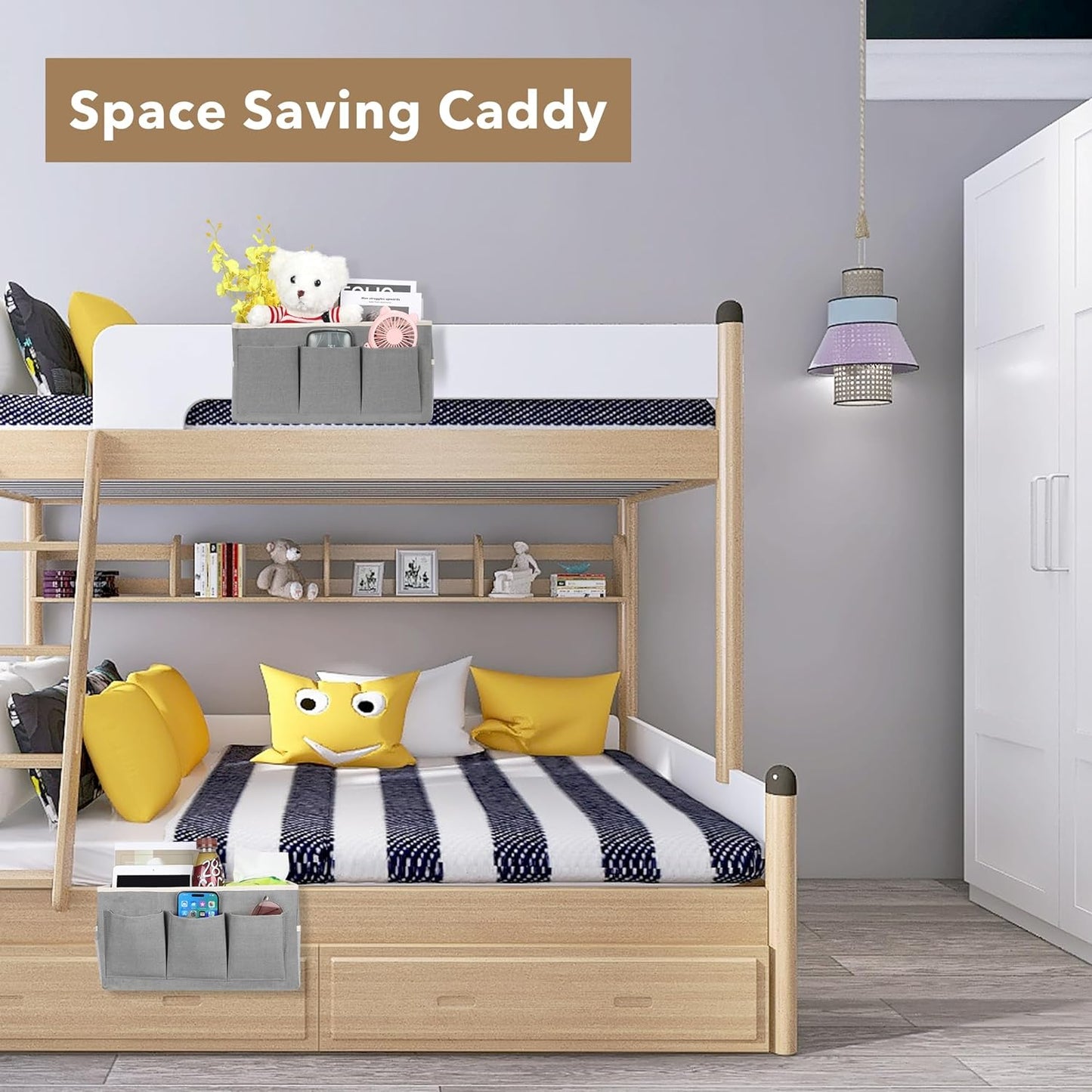 3-Piece Bedside Caddy Storage Organizer with Pockets for Bedrooms, Loft Beds & Top Bunk Beds (Gray)