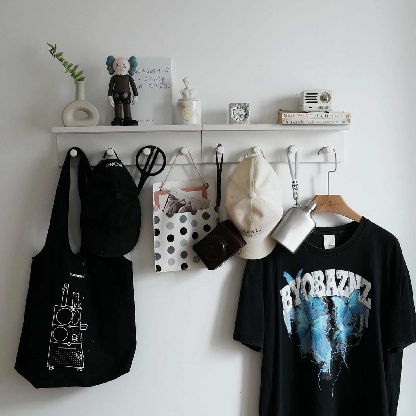 Entrance Coat Rack ,Coat Hooks, Wall-Mounted Wooden Hook Rack, Wall-Mounted Shelves are Very Suitable (White Finish-2)
