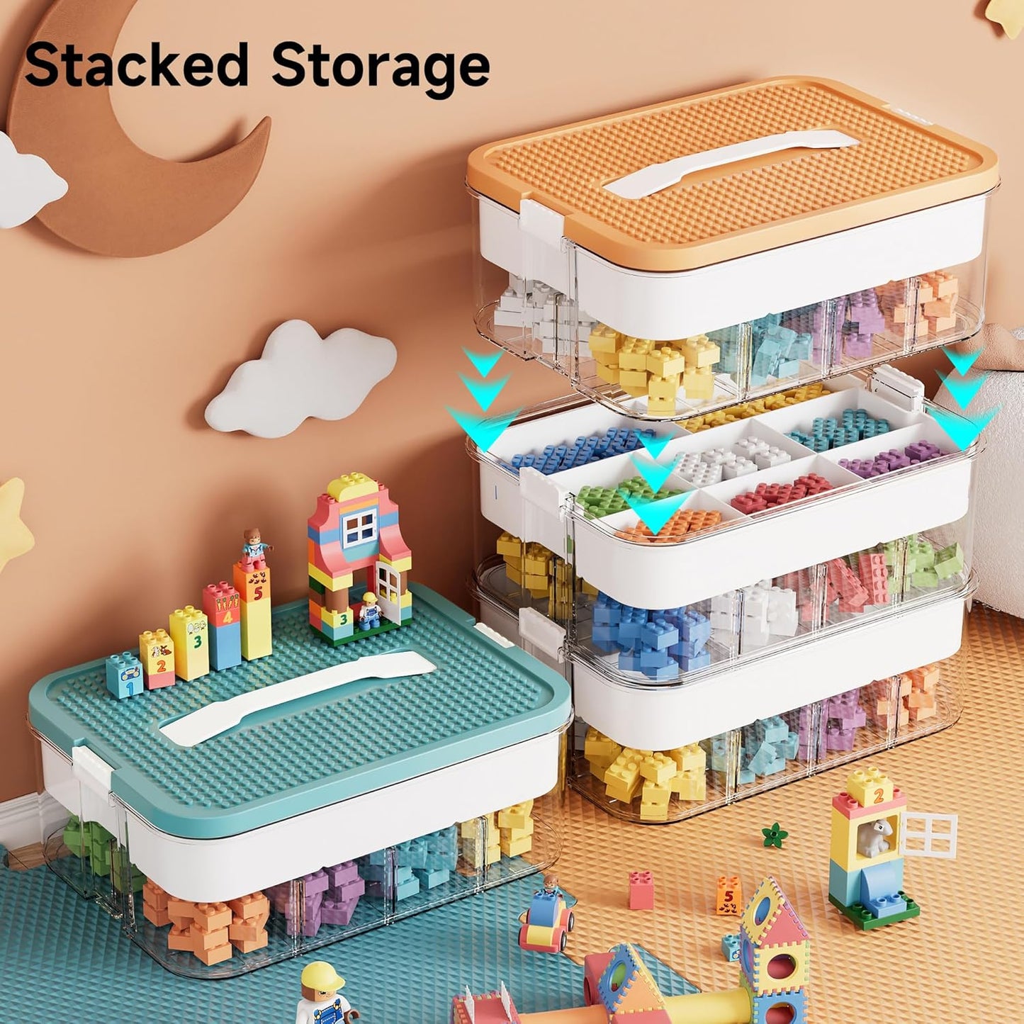 Organizers Storage Box for lego: Plastic Stackable Storage Case with Building Blocks Lids, Containers with Carrying Handle and Adjustable Grid Organizers,3Layer Orange