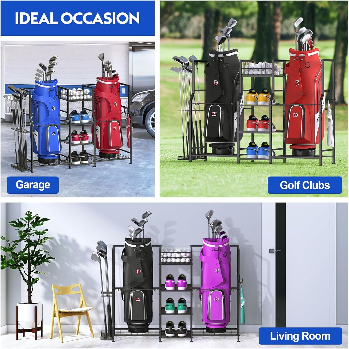 samstar Golf Storage Garage Organizer, Golf Bag Storage Stand 2 Golf Bags and Equipment Accessories, Storage Rack for Home, Garage, Golf Clubs