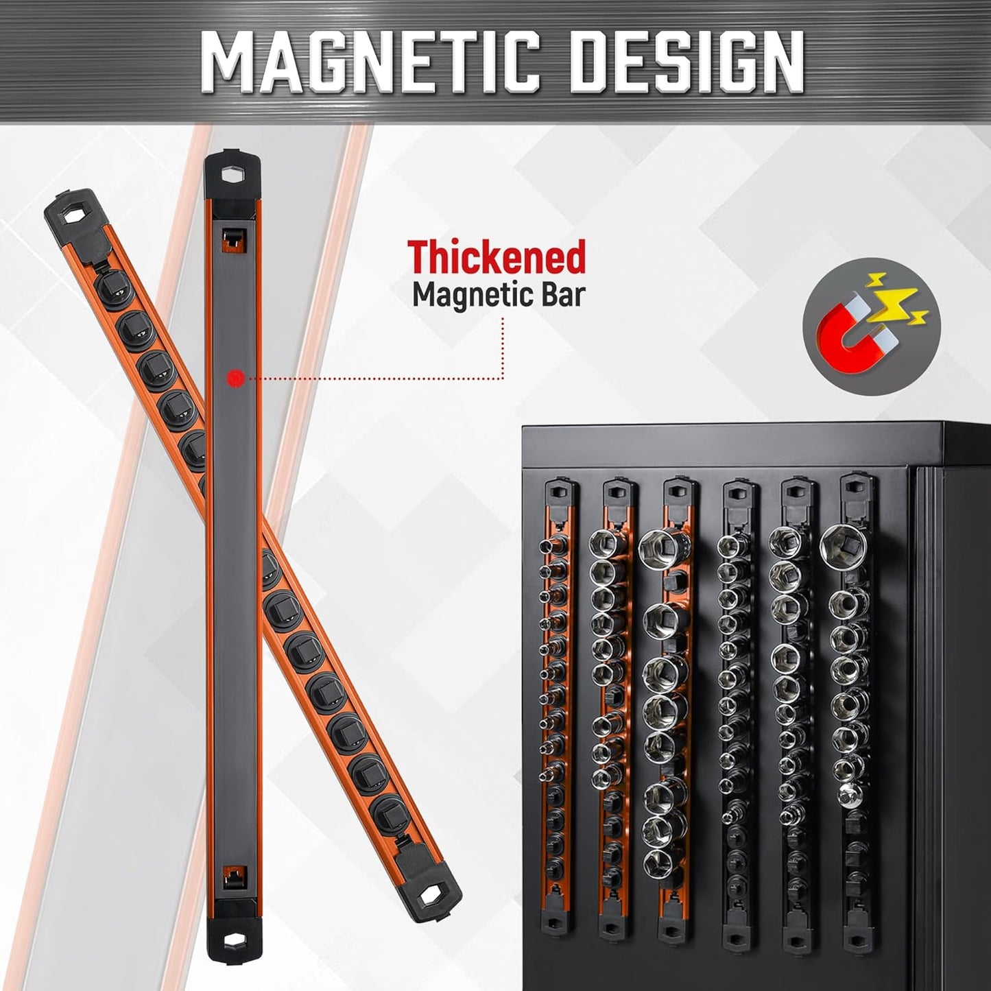 ALOANES 3-Piece Magnetic Socket Organizer, Heavy Duty Aluminum Socket Rails Organizer, 360° Swivel Clips Socket Holder Kit for Tool Box, 3/8-Inch Socket Holder x 42 Clips (Orange)