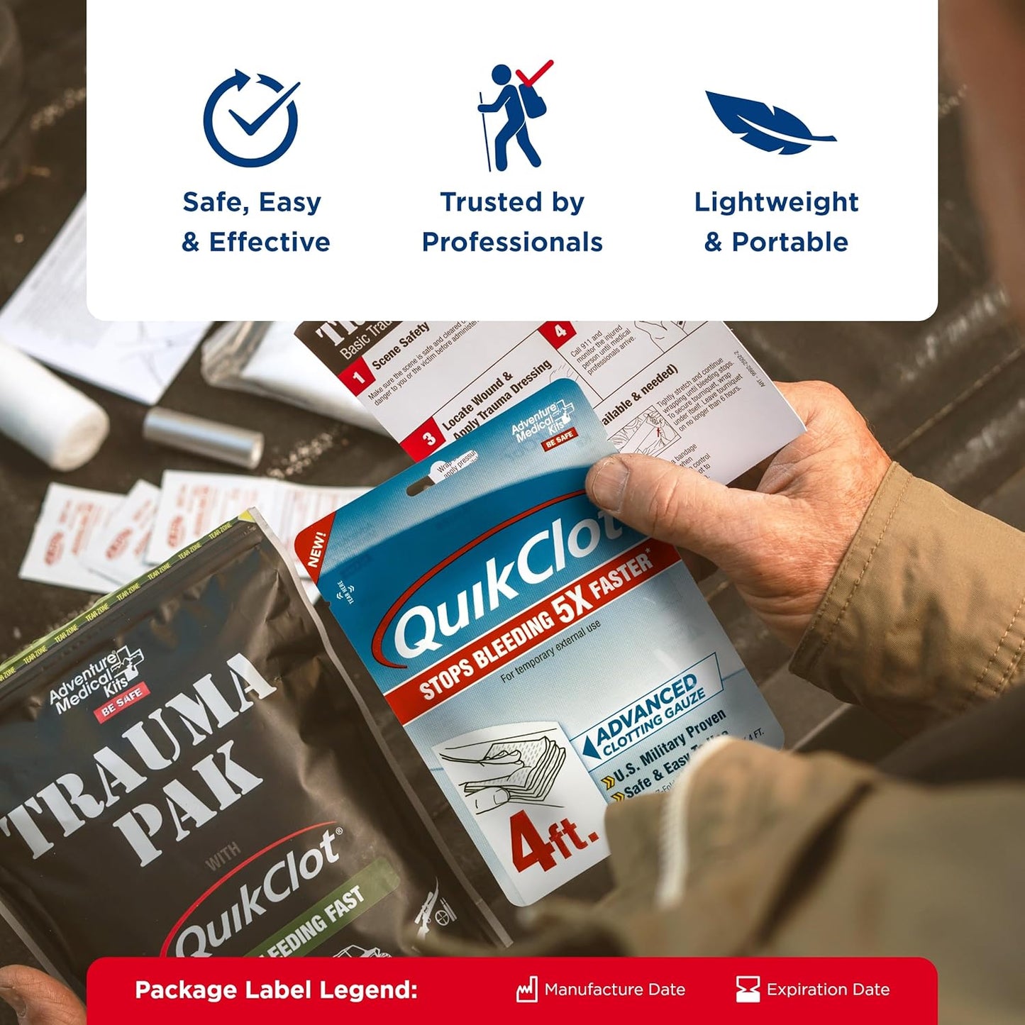 Adventure Medical Kits QuikClot Gauze - Flexible Hemostatic Medical Gauze for Emergency Survival or Disaster Preparedness Kits & More - Stops Bleeding Fast with Kaolin - 3" x 48"