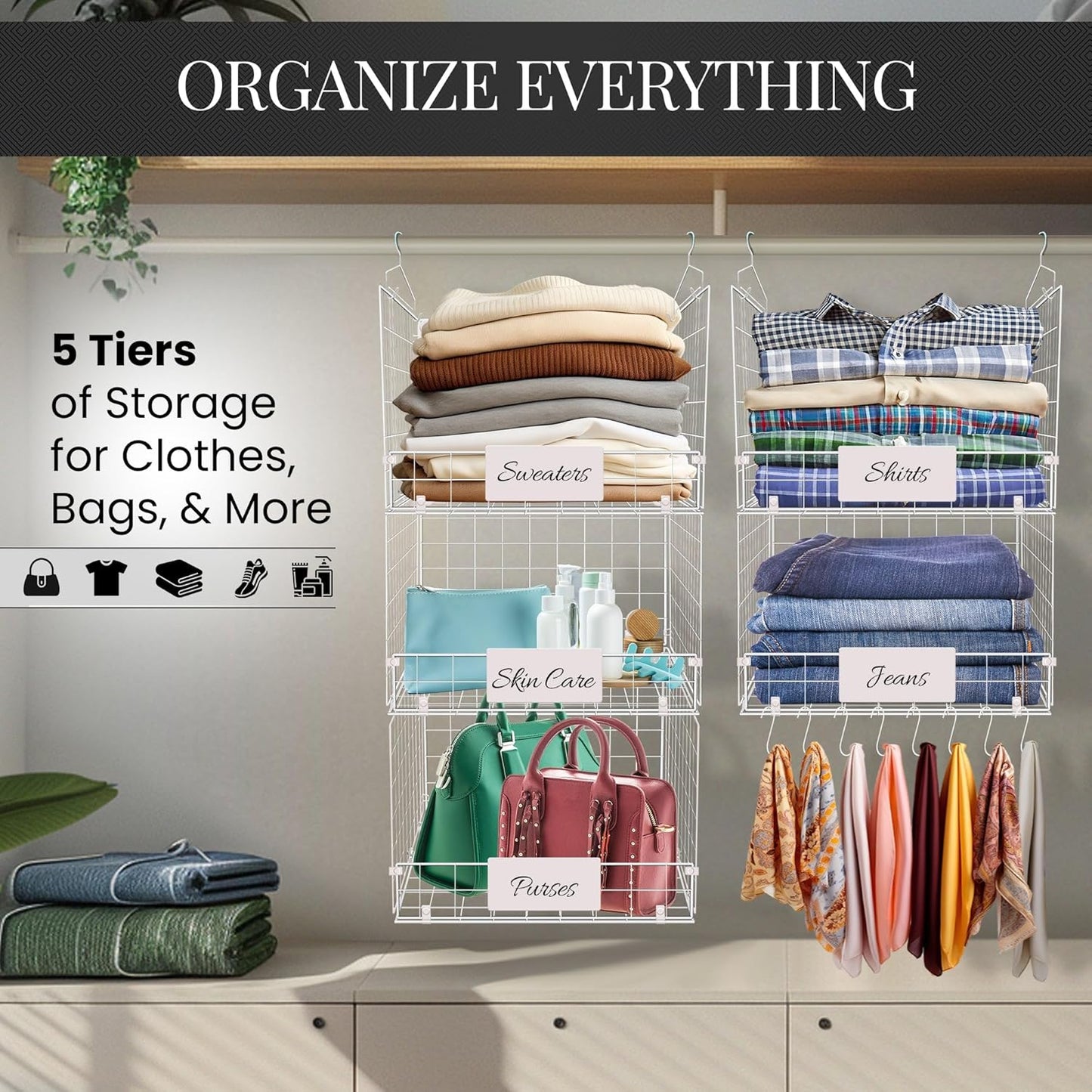 DECOLURE 5-Tier Adjustable Hanging Closet Organizer – Maximize Hanging Storage w/ 4 Hanging Hooks, 8 S Hooks & 5 Name Plates - Sturdy Foldable Wire Storage Hanging Shelves for Clothes, Towels (White)