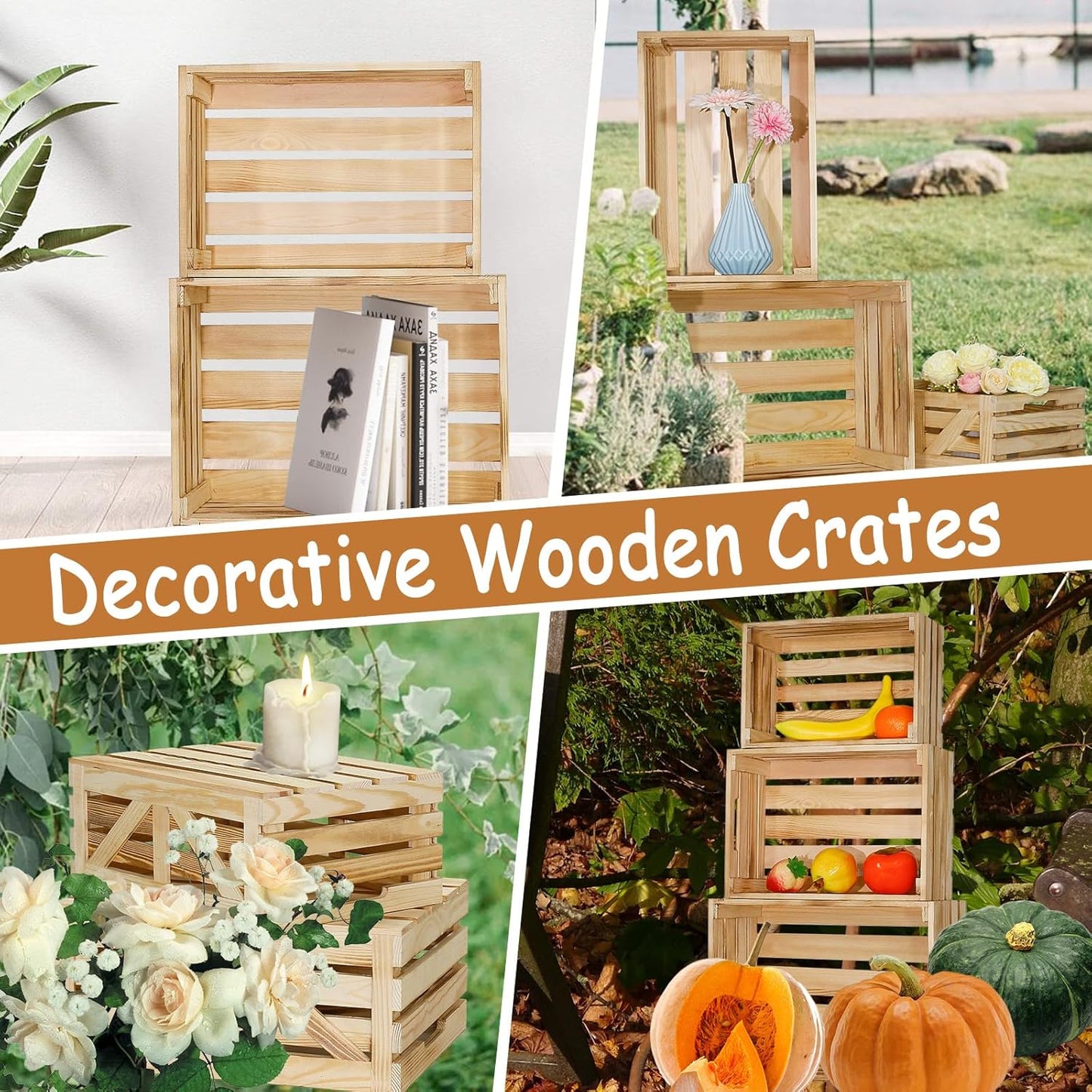 5 Pcs Decorative Wooden Crates for Display, Wood Storage Crate for Home Rustic Nested Crates with Handles, Farmhouse Wooden Basket for Storage Container and Decorations