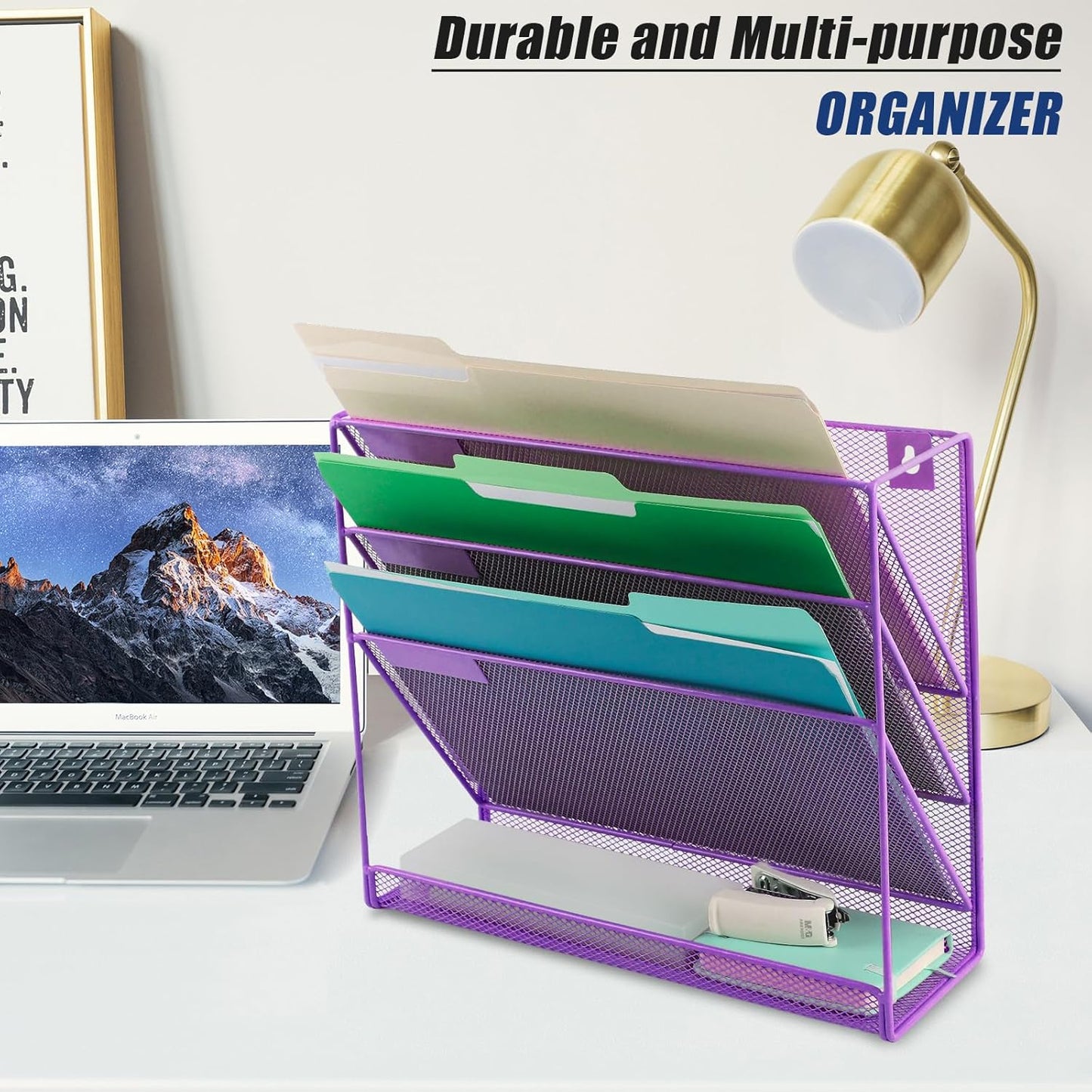EASEPRES Desk File Organizer Mesh 4-Tier, Hanging Wall Mount Document Organization Stand, Desktop Vertical Mail Paper Folder Holder Rack with Bottom Tray for Office Home Cubicle Countertop, Purple