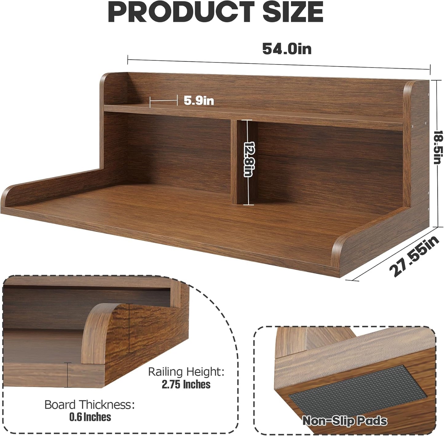 2-Tier Washer Dryer Countertop, 18.5" Raised Height Laundry Countertop with Edge Rails and Non-Slip Pad, 54"W x 27.55"D Washer and Dryer Topper for Laundry Room Storage Organization (Brown)