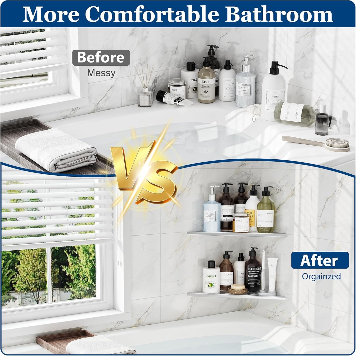 Corner Shower Shelves, 12” Recessed Tile Shower Shelf, 304 Stainless Steel Grout in Corner Tile Shower Shelves, No Drilling, Brushed Nickel, 2 Pack
