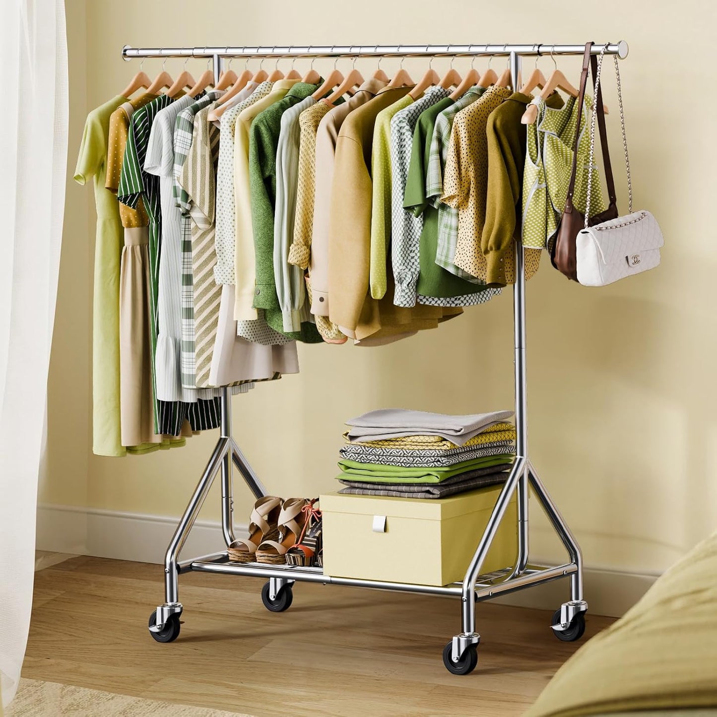 Clothes Rack Load 450 LBS, Heavy Duty Garment Rack, Standing Rolling Metal Hanging Clothes with Sturdy Wheels & Shelves, Silver