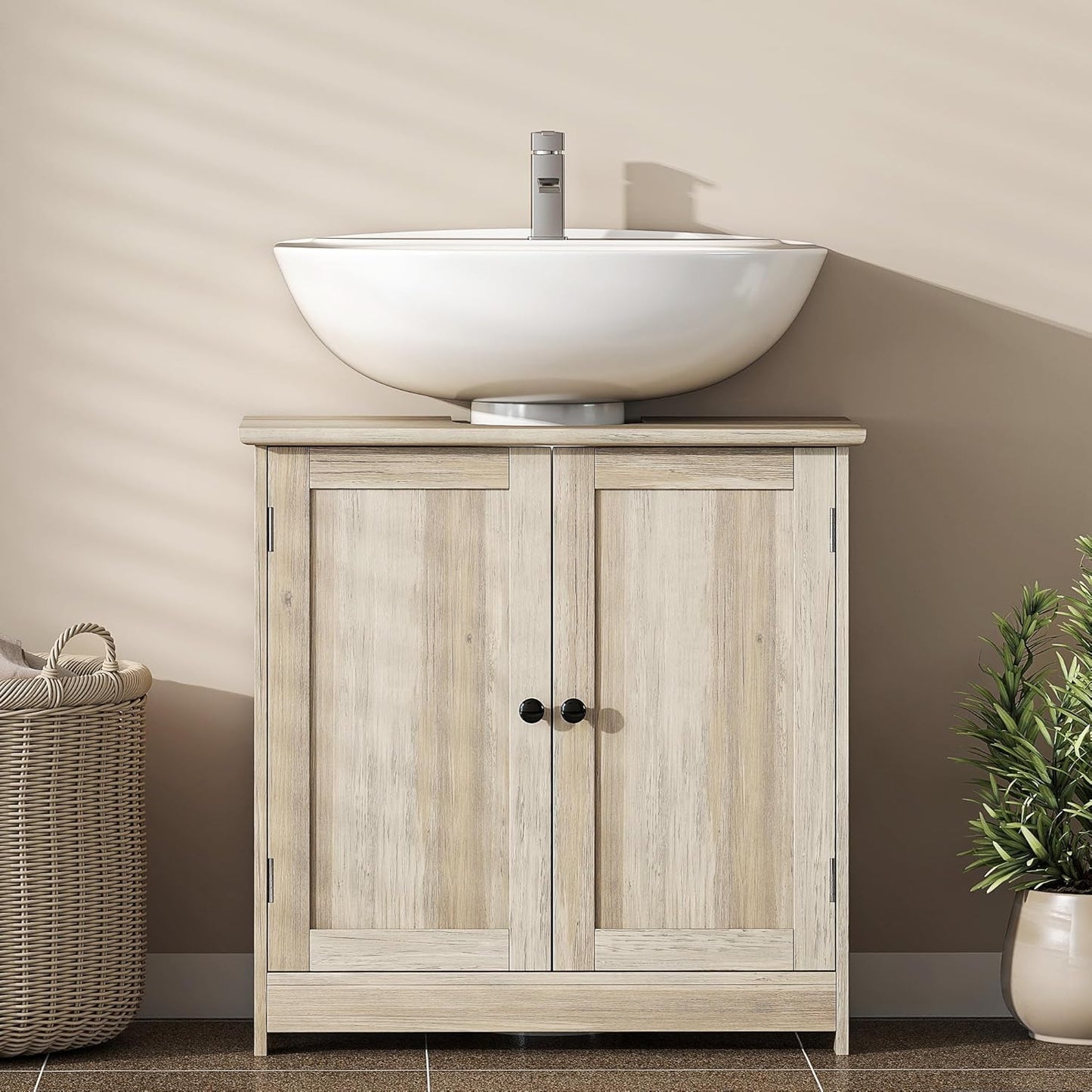 HOMCOM Under Sink Bathroom Cabinet, Pedestal Sink Storage Cabinet with 2 Doors, Shelf and U-Shape, Weathered Gray Oak