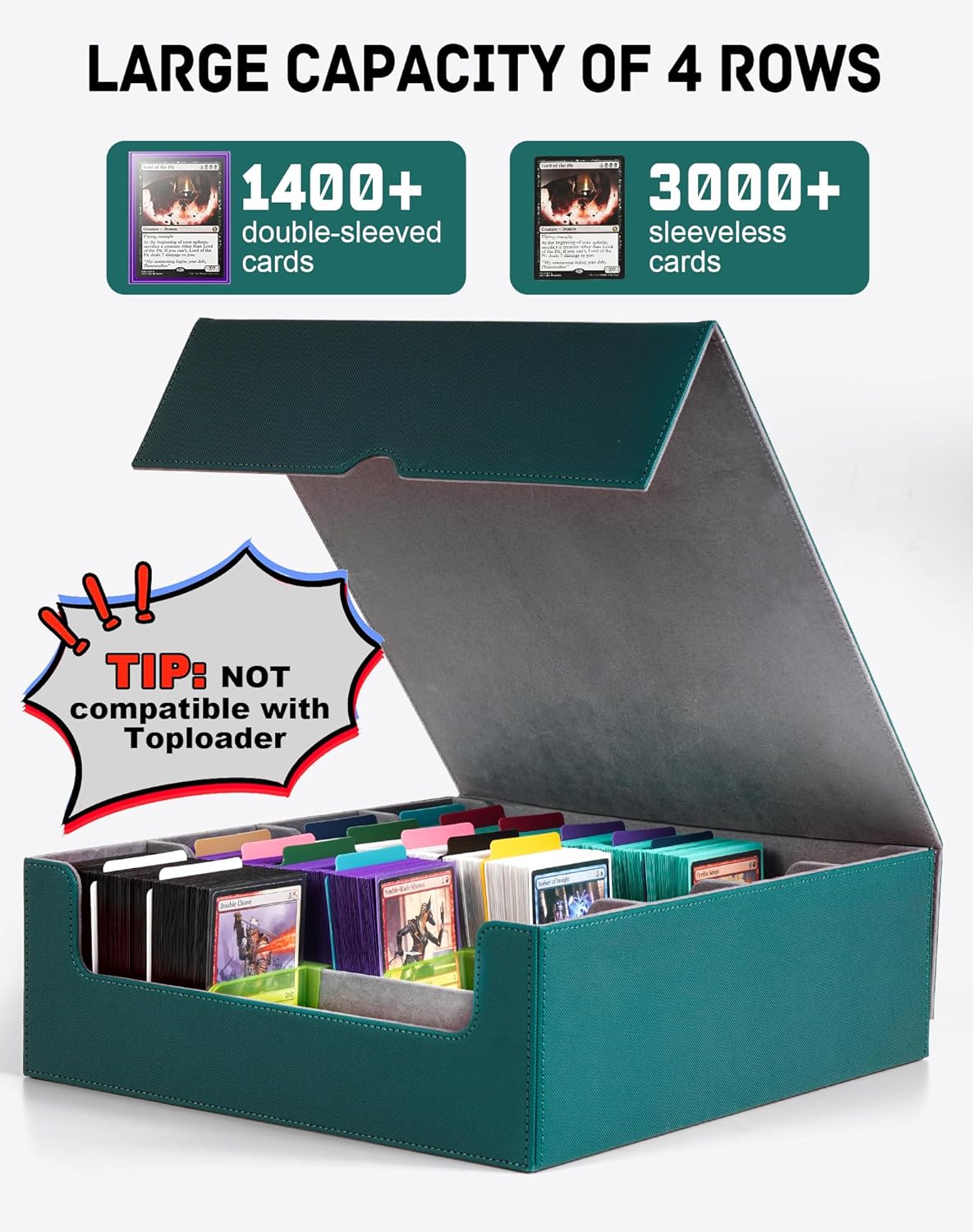ZLCA Card Storage Box for MTG PTCG, Commander Deck Box Holds 3200+ Cards, Trading Card Storage Case with 4 Stoppers, Card Organizer for TCG Sport Cards(Green)