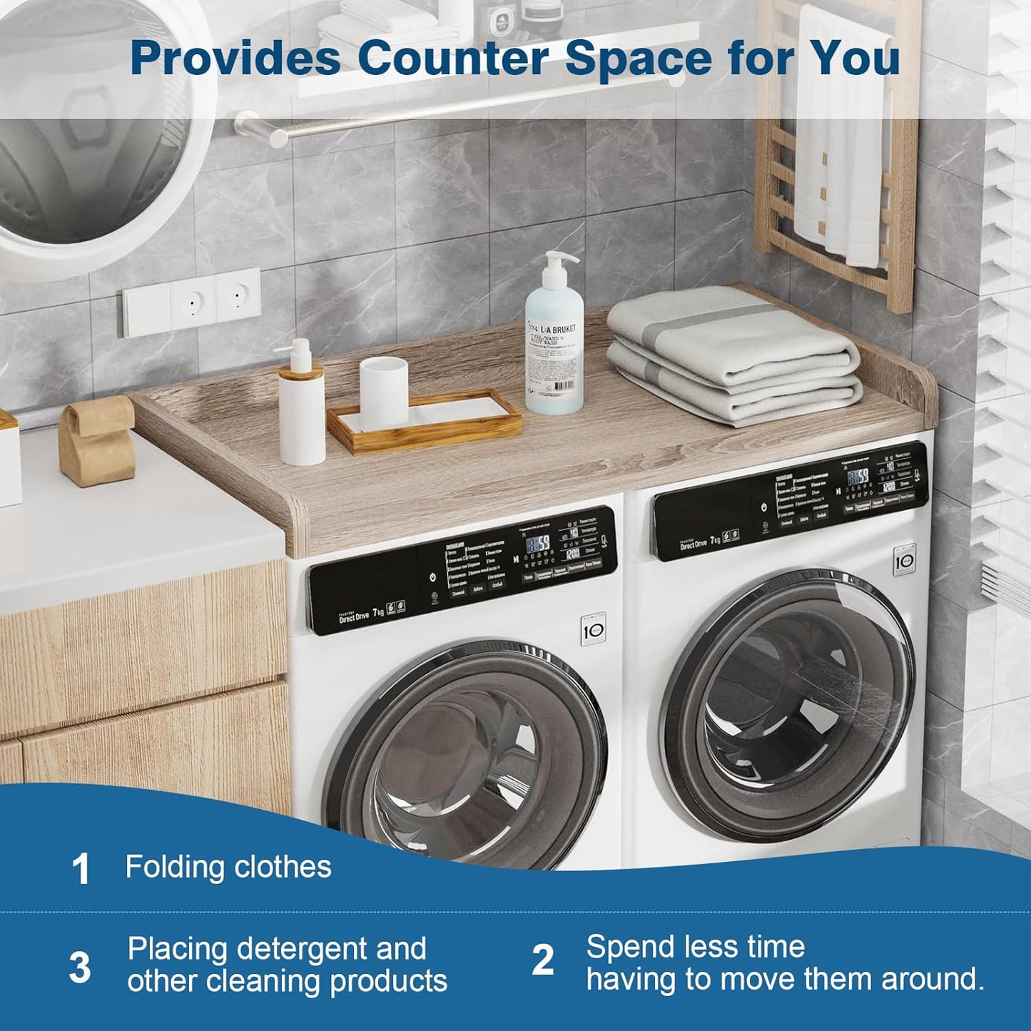 Washer Dryer Countertop 27.5" W x 54" L Laundry countertop for Storage and Organization with Edge Rails, Oak