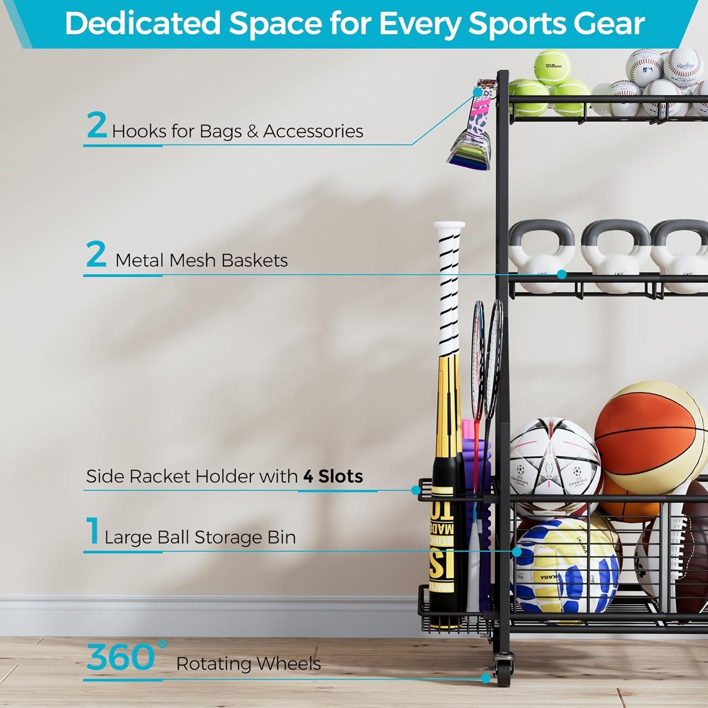 Sports Equipment & Toy Storage Rack with Wheels, 3-Tier Ball Organizer for Balls, Rackets & Sports Gear, Large Capacity with Racket Slots & Hooks, for Garage, Home Gym or Backyard – 23" W