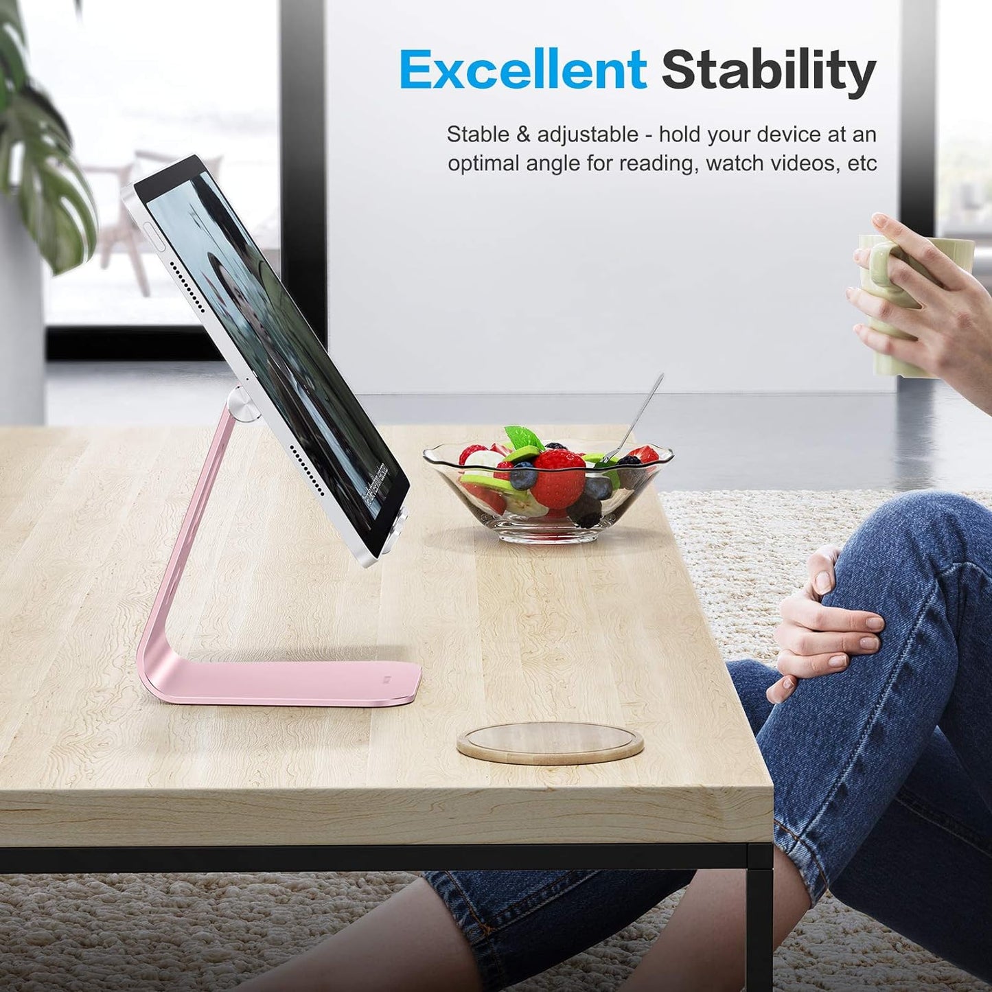 OMOTON Adjustable Tablet Stand for Desk, Upgraded Longer Arms for Greater Stability, T2 Tablet Holder with Hollow Design for Bigger Sized Phones and Tablets Such as iPad Pro/Air/Mini, Rose Gold